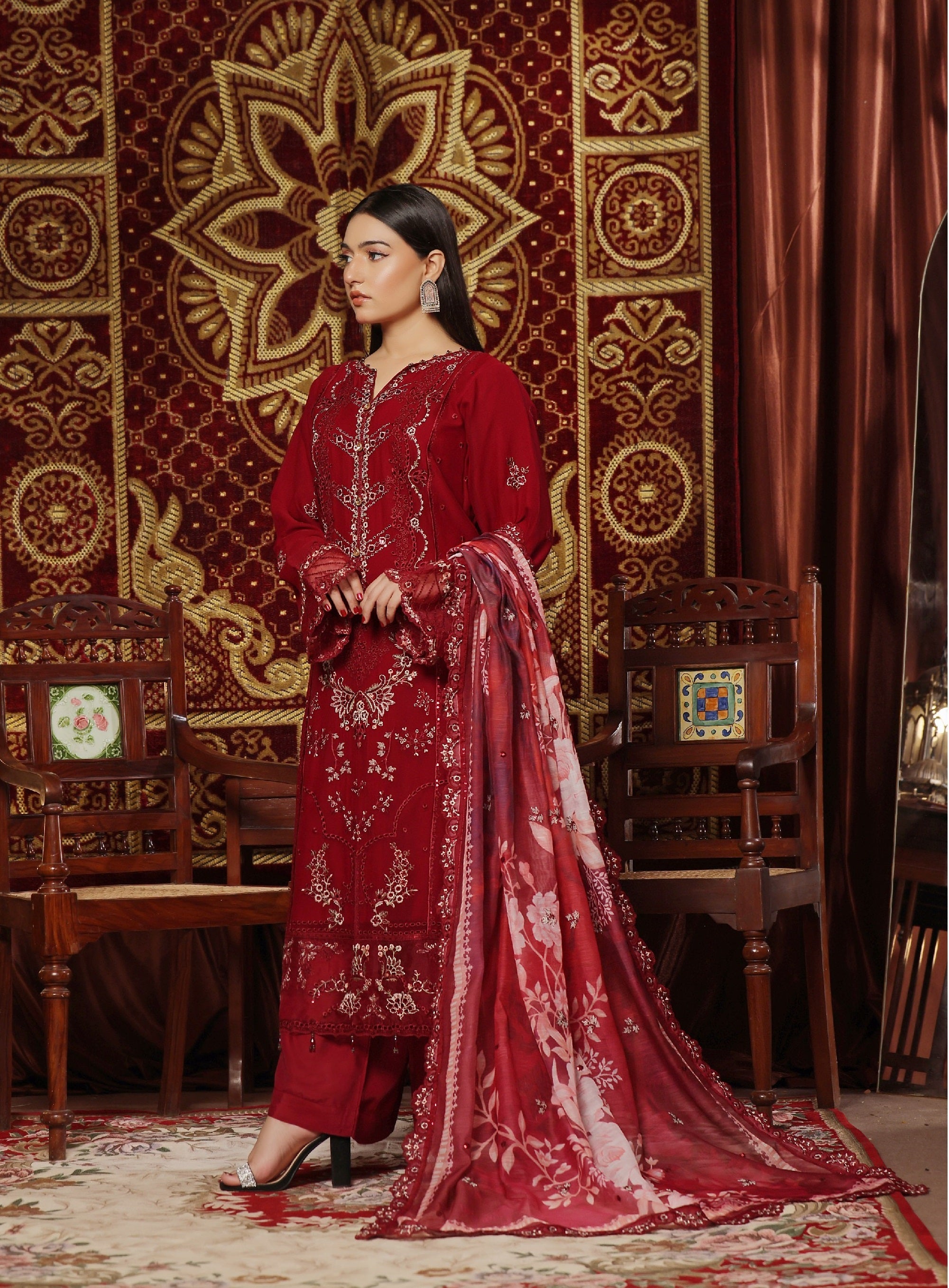 Zainab Ch Nigar Luxury Chiffon Embroidered | Unstitched Red (𝟎𝟏 𝐥𝐞𝐟𝐭 𝐨𝐧𝐥𝐲)