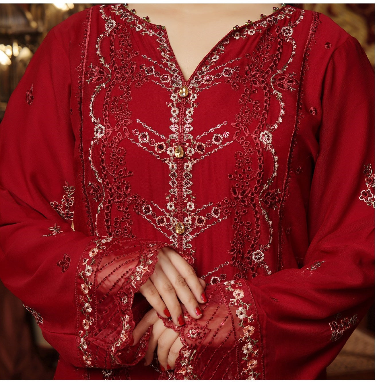 Zainab Ch Nigar Luxury Chiffon Embroidered | Unstitched Red (𝟎𝟏 𝐥𝐞𝐟𝐭 𝐨𝐧𝐥𝐲)