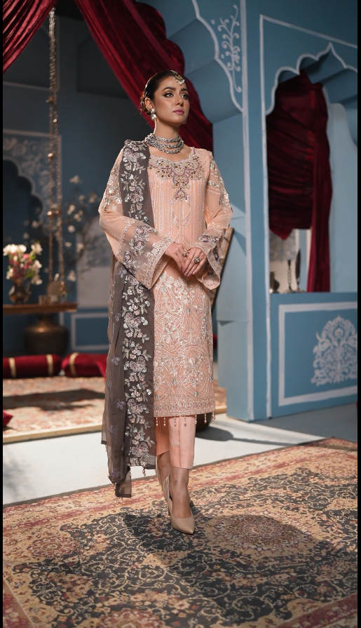 Ayzel Luxury Delux Chiffon Embroidred | Unstitched Peach Pink