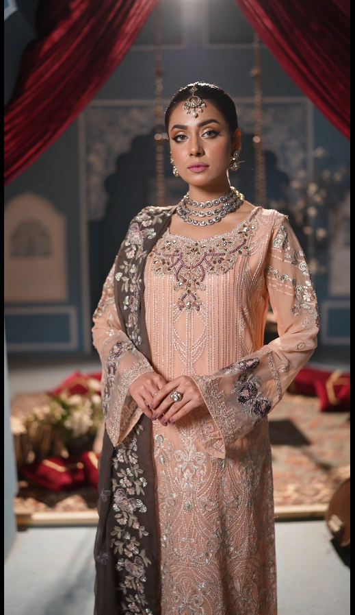 Ayzel Luxury Delux Chiffon Embroidred | Unstitched Peach Pink
