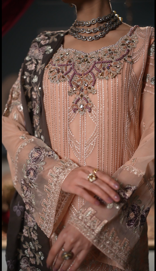 Ayzel Luxury Delux Chiffon Embroidred | Unstitched Peach Pink