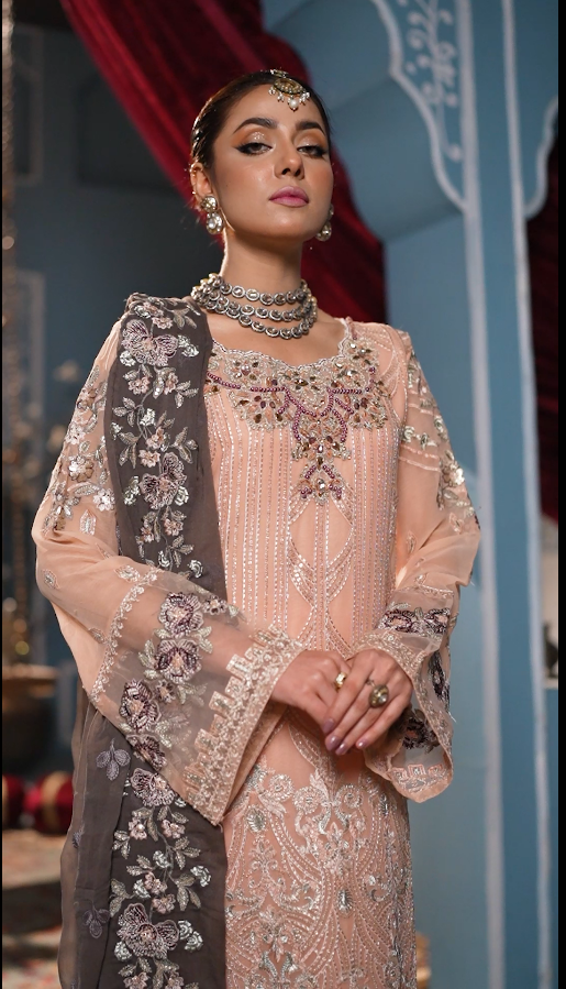 Ayzel Luxury Delux Chiffon Embroidred | Unstitched Peach Pink
