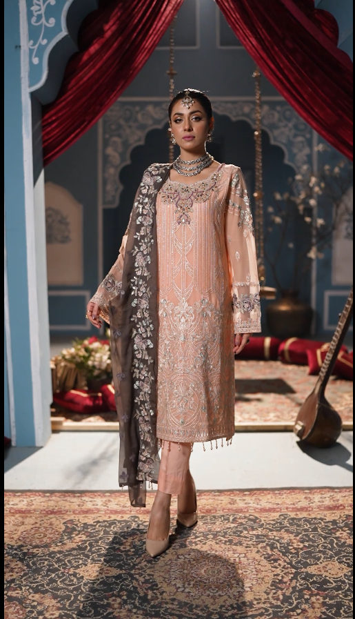 Ayzel Luxury Delux Chiffon Embroidred | Unstitched Peach Pink