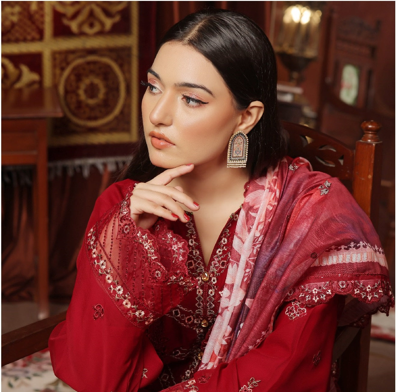 Zainab Ch Nigar Luxury Chiffon Embroidered | Unstitched Red (𝟎𝟏 𝐥𝐞𝐟𝐭 𝐨𝐧𝐥𝐲)