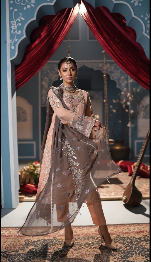 Ayzel Luxury Delux Chiffon Embroidred | Unstitched Peach Pink