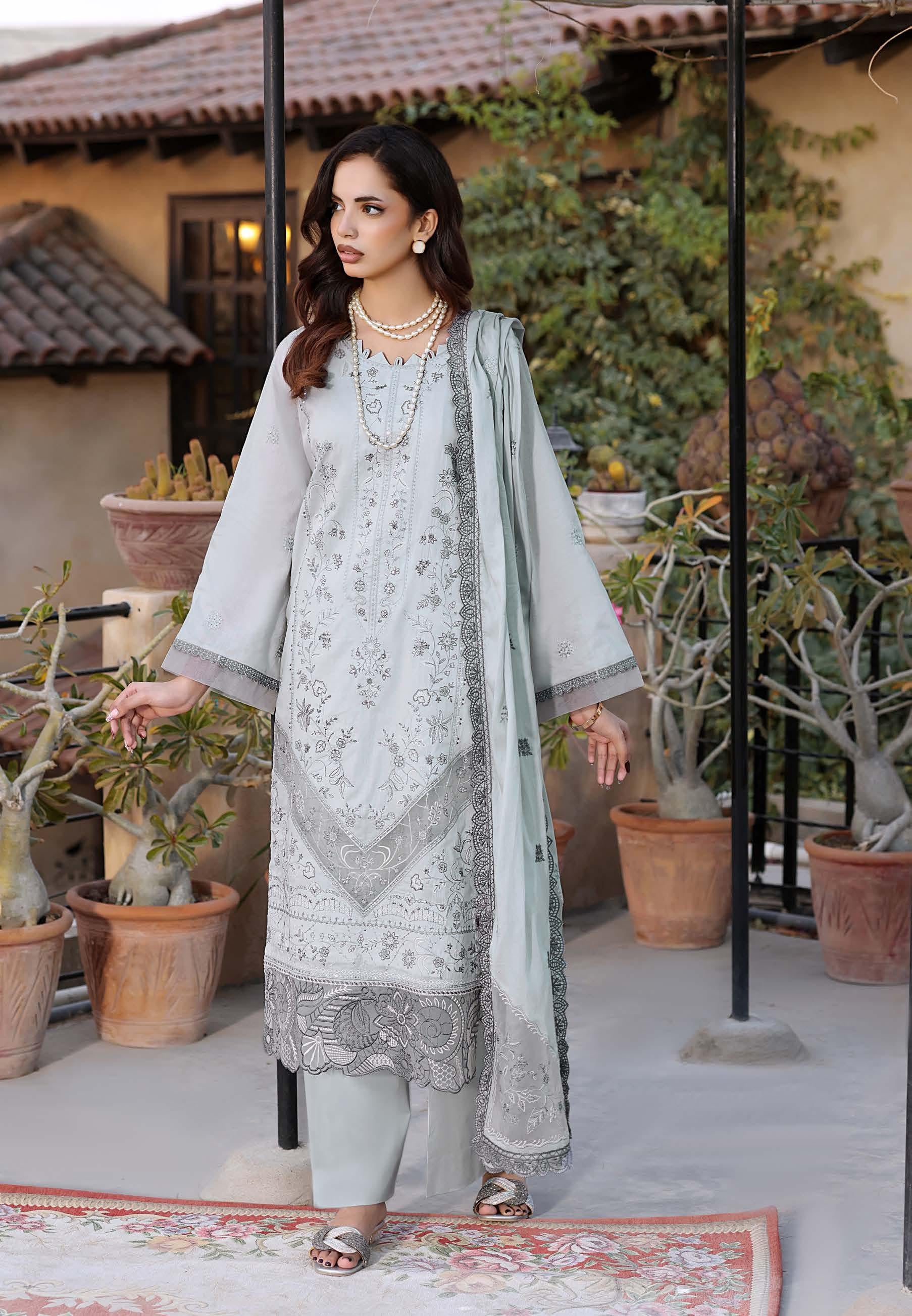 HN-3333 Luxury Embroidered Lawn Suit | 3 Piece Unstitched French Grey