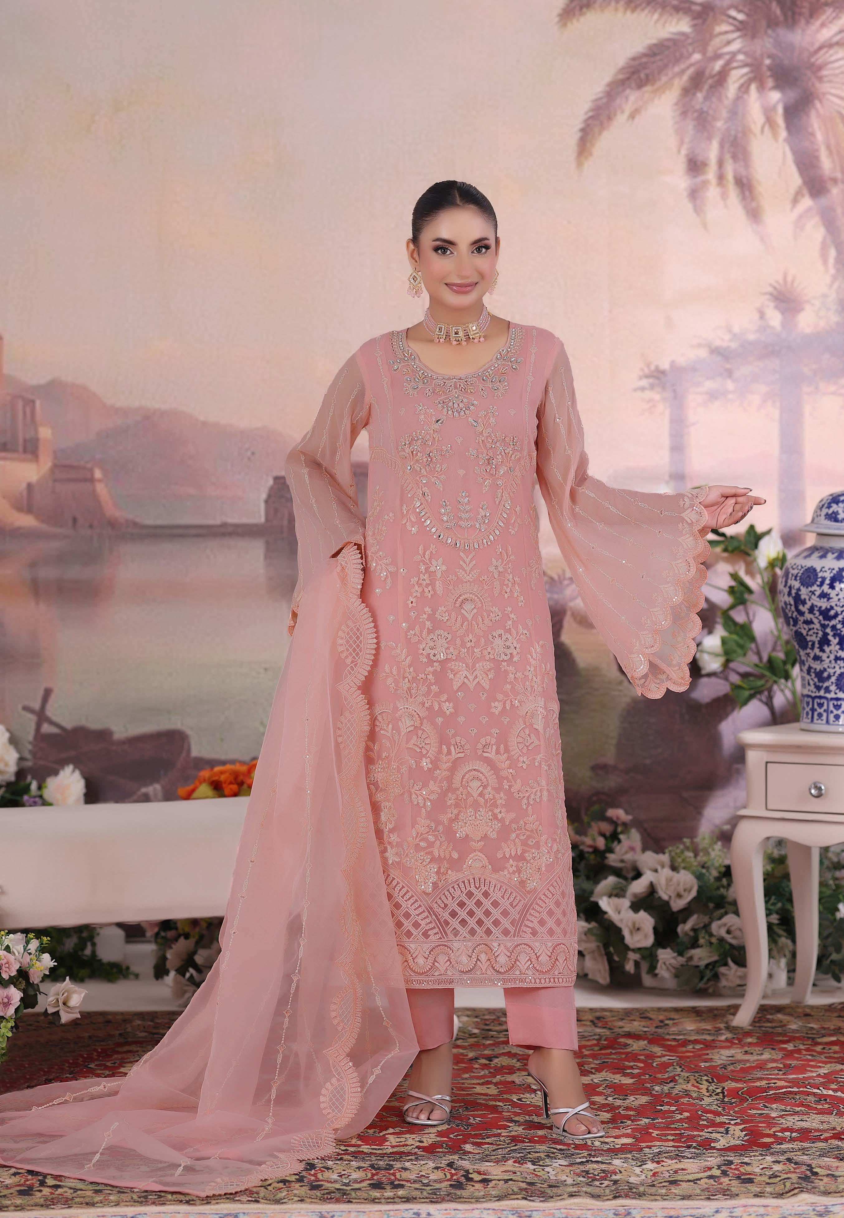 ZRP-7228 Luxury Premium Chiffon Embroidered | Unstitched Tea pink