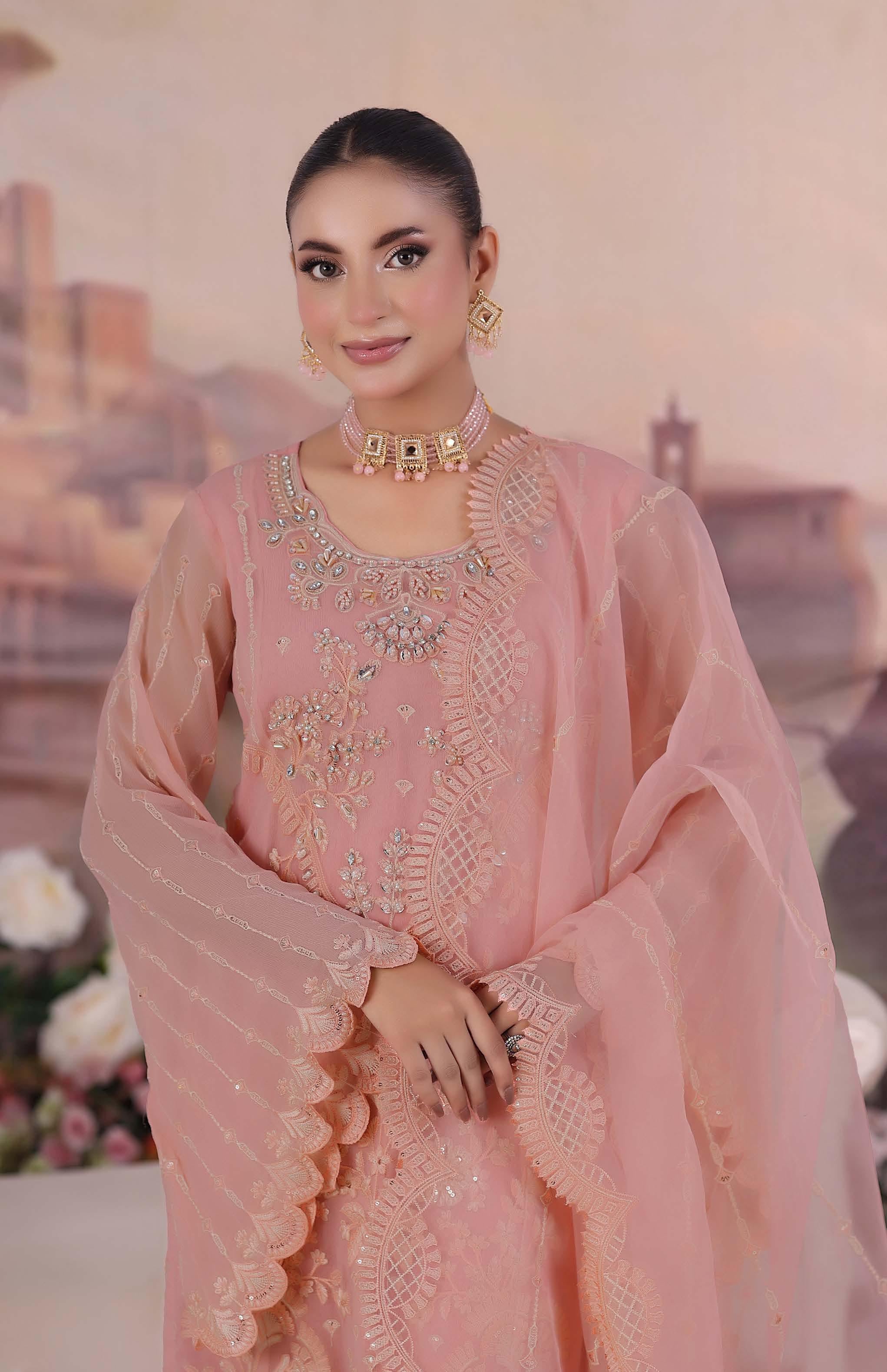 ZRP-7228 Luxury Premium Chiffon Embroidered | Unstitched Tea pink