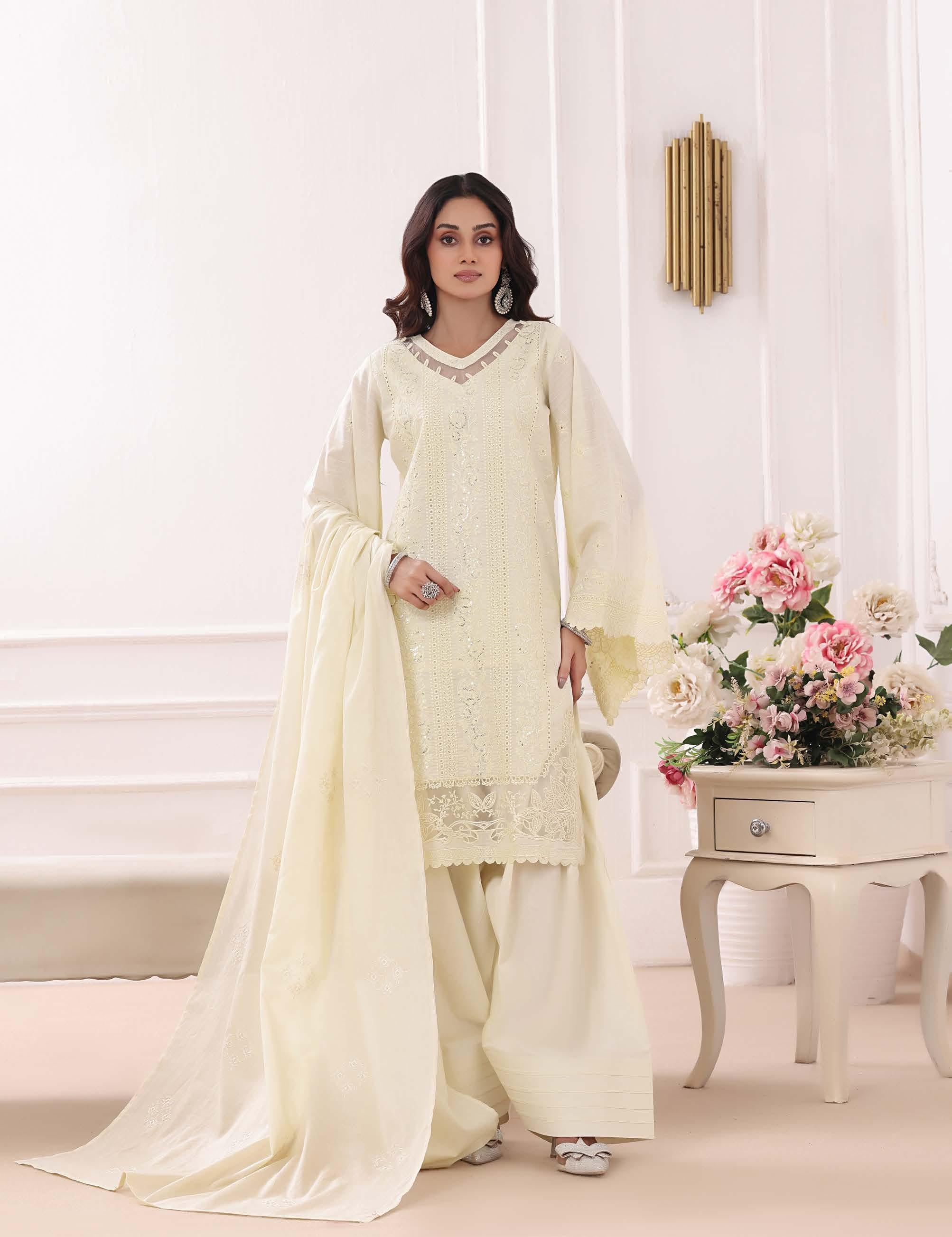BH-4230 Luxury Embroidered Lawn Suit | 3 Piece Unstitched Off White