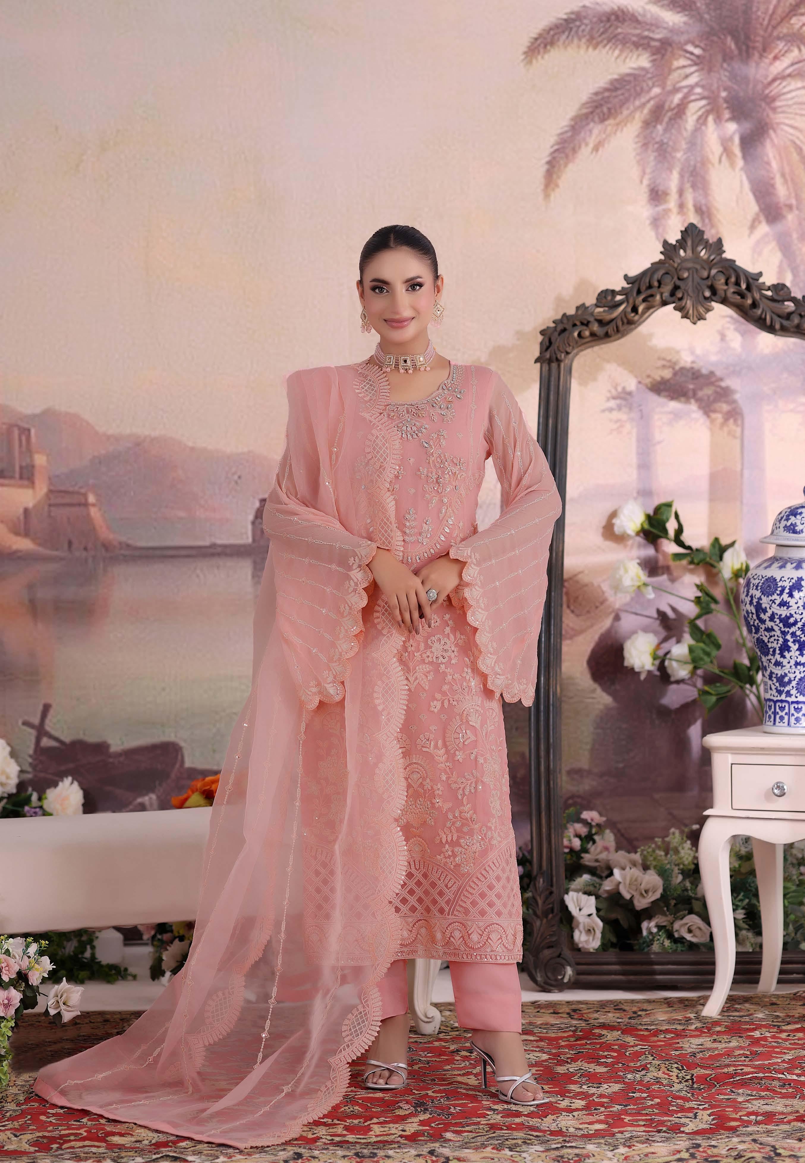 ZRP-7228 Luxury Premium Chiffon Embroidered | Unstitched Tea pink