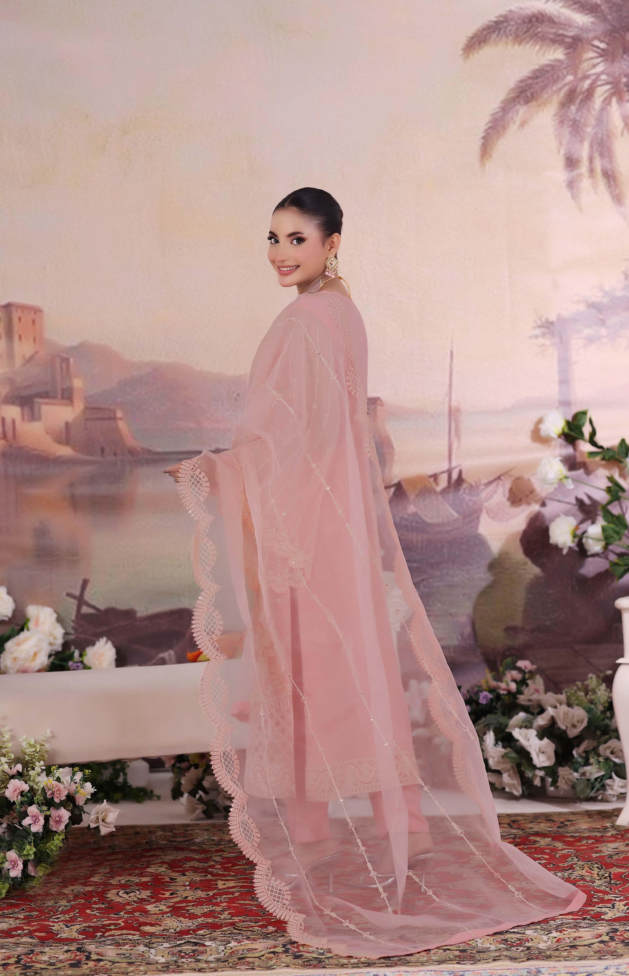 ZRP-7228 Luxury Premium Chiffon Embroidered | Unstitched Tea pink