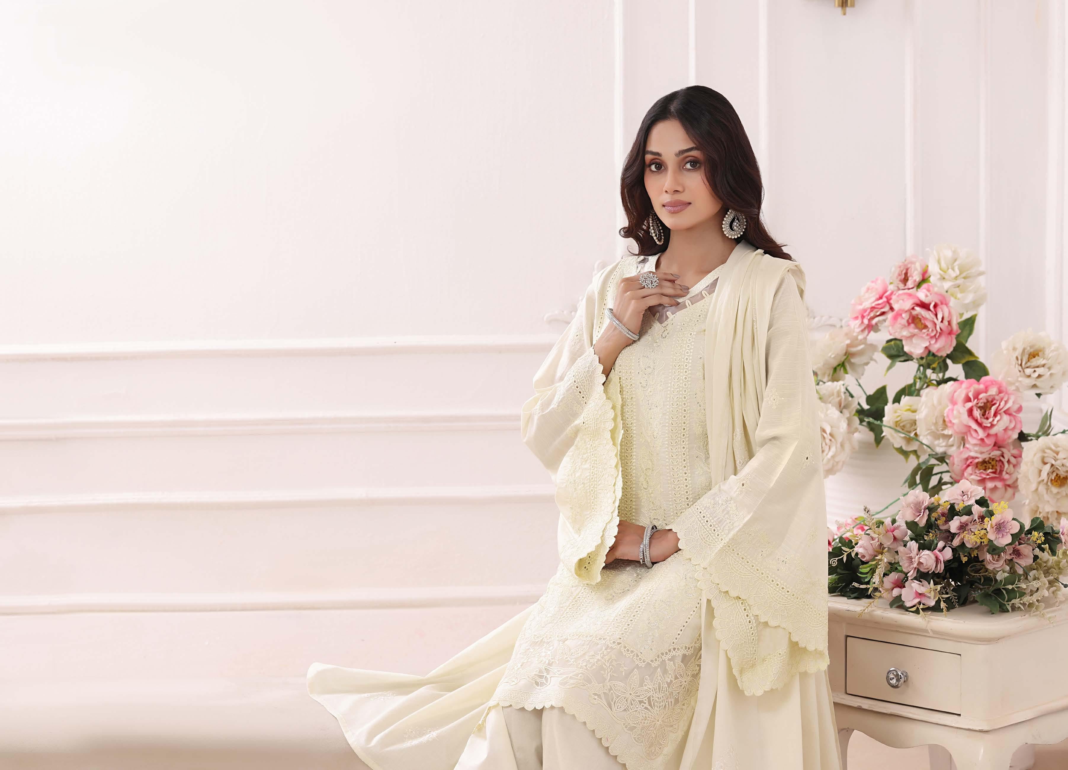BH-4230 Luxury Embroidered Lawn Suit | 3 Piece Unstitched Off White