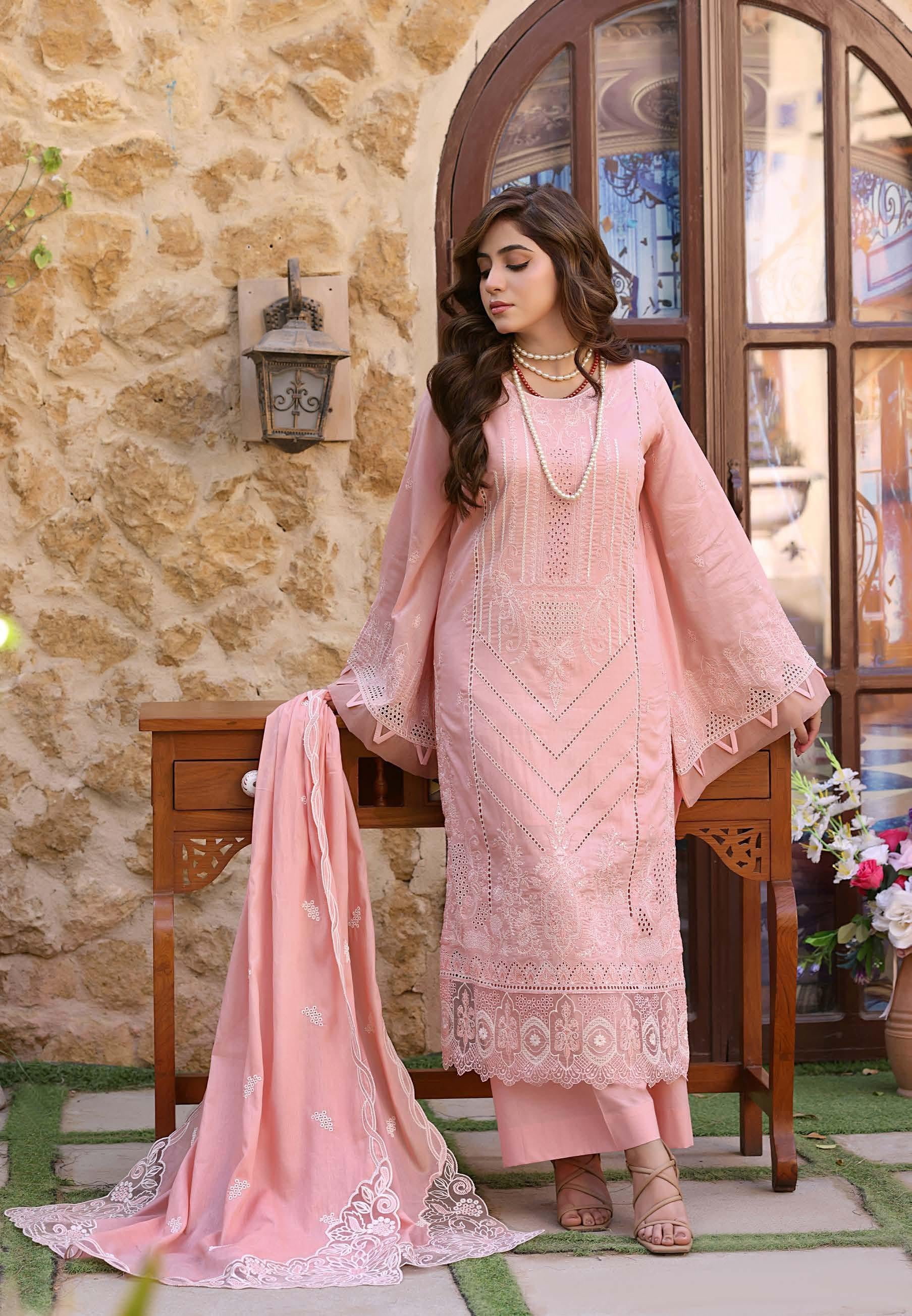 HN-3334 Luxury Embroidered Lawn Suit | 3 Piece Unstitched Oyster Pink
