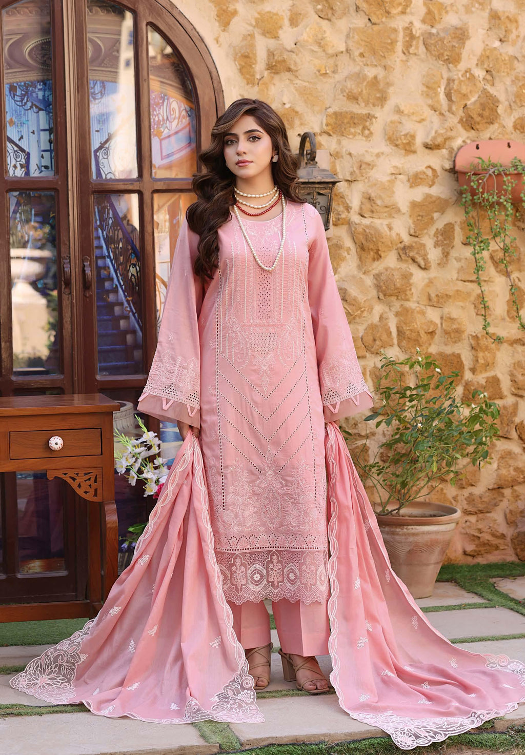 HN-3334 Luxury Embroidered Lawn Suit | 3 Piece Unstitched Oyster Pink