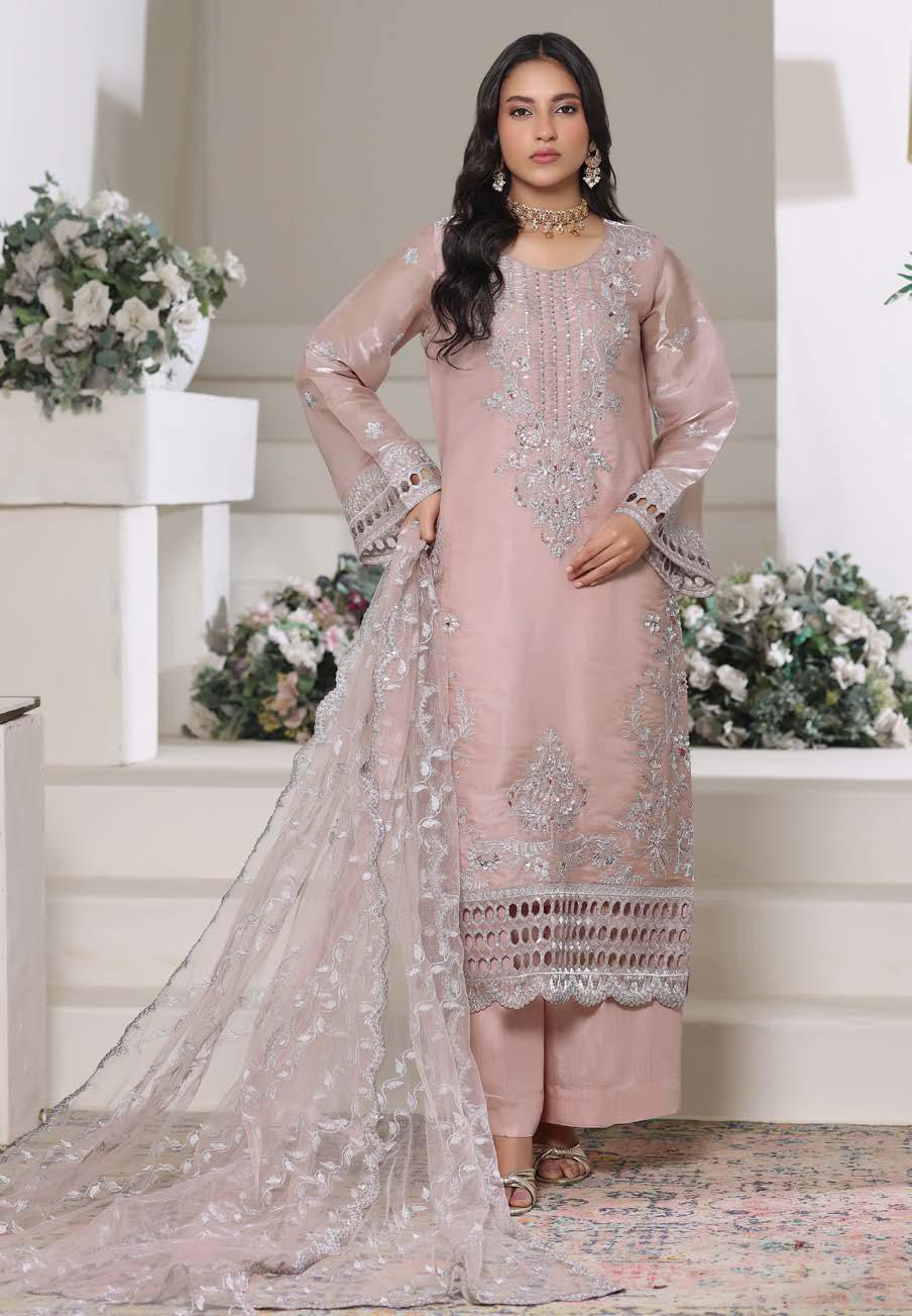 HSN-4335 Luxury Embroidered Silk Suit | 3 Piece Unstitched Pinkish Shell