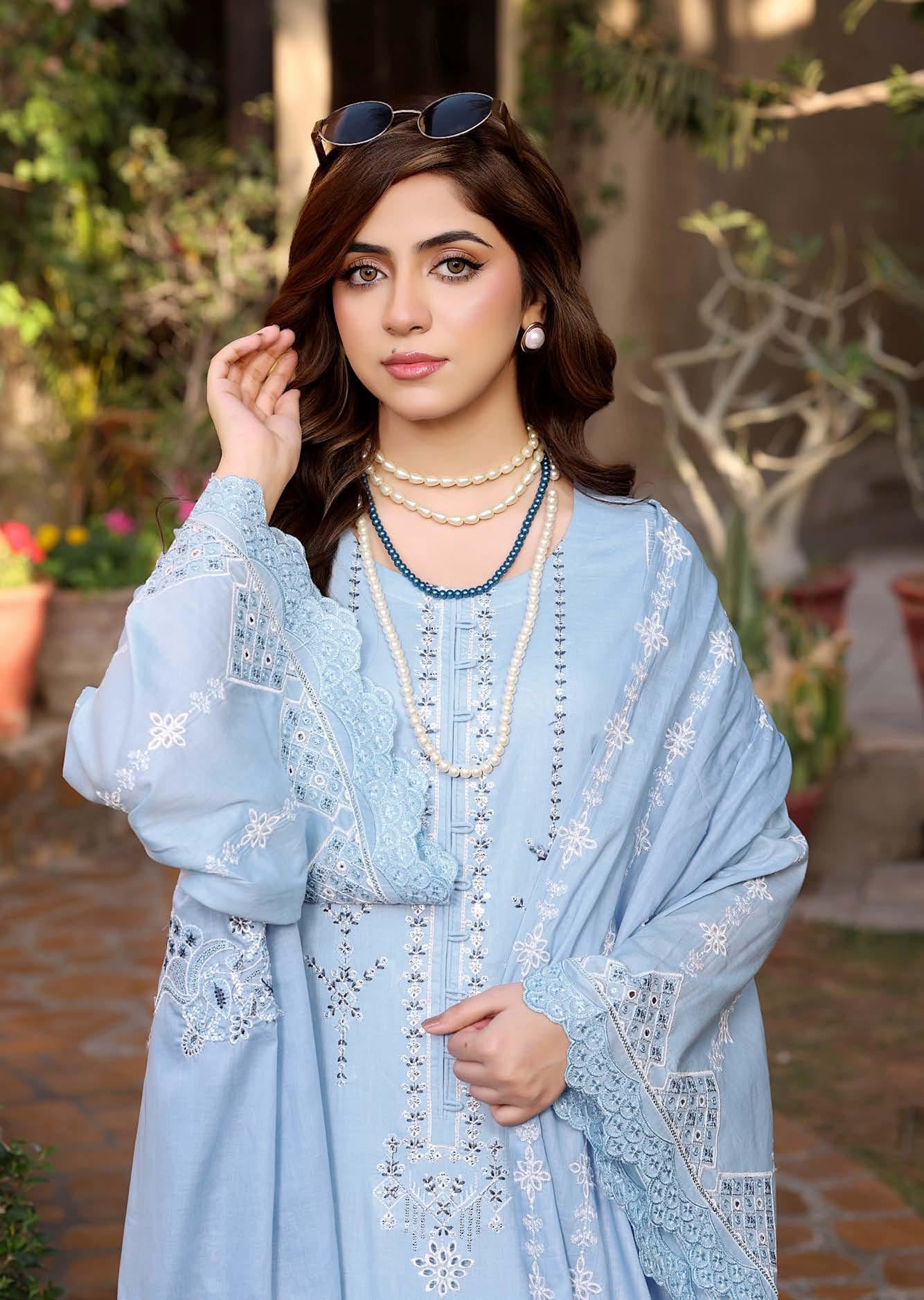 HN-3335 Luxury Embroidered Lawn Suit | 3 Piece Unstitched Tealish Blue