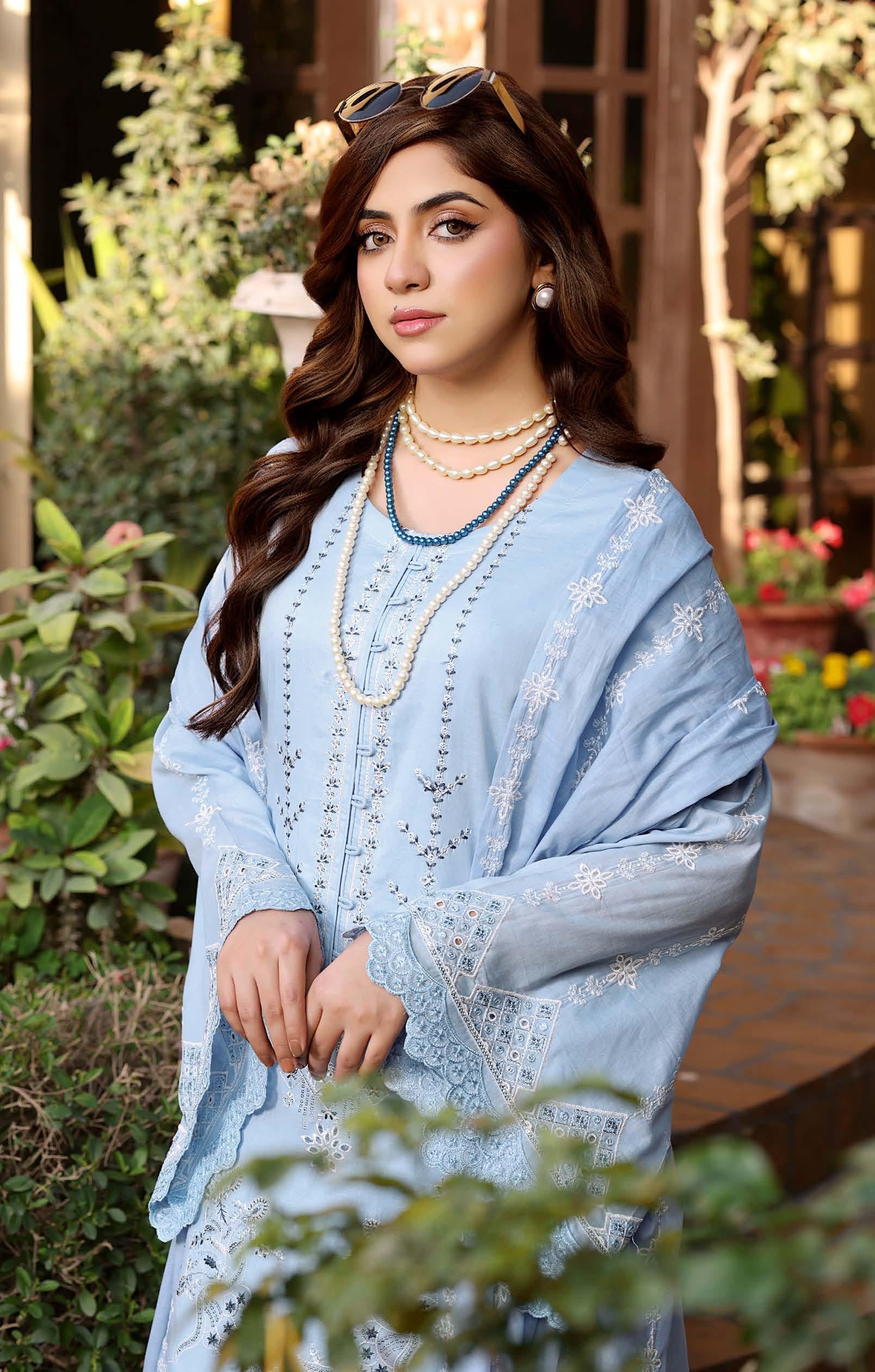 HN-3335 Luxury Embroidered Lawn Suit | 3 Piece Unstitched Tealish Blue