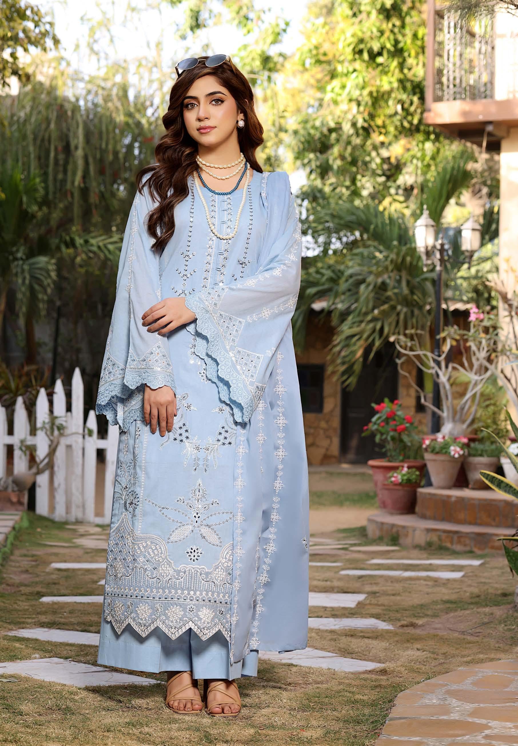 HN-3335 Luxury Embroidered Lawn Suit | 3 Piece Unstitched Tealish Blue