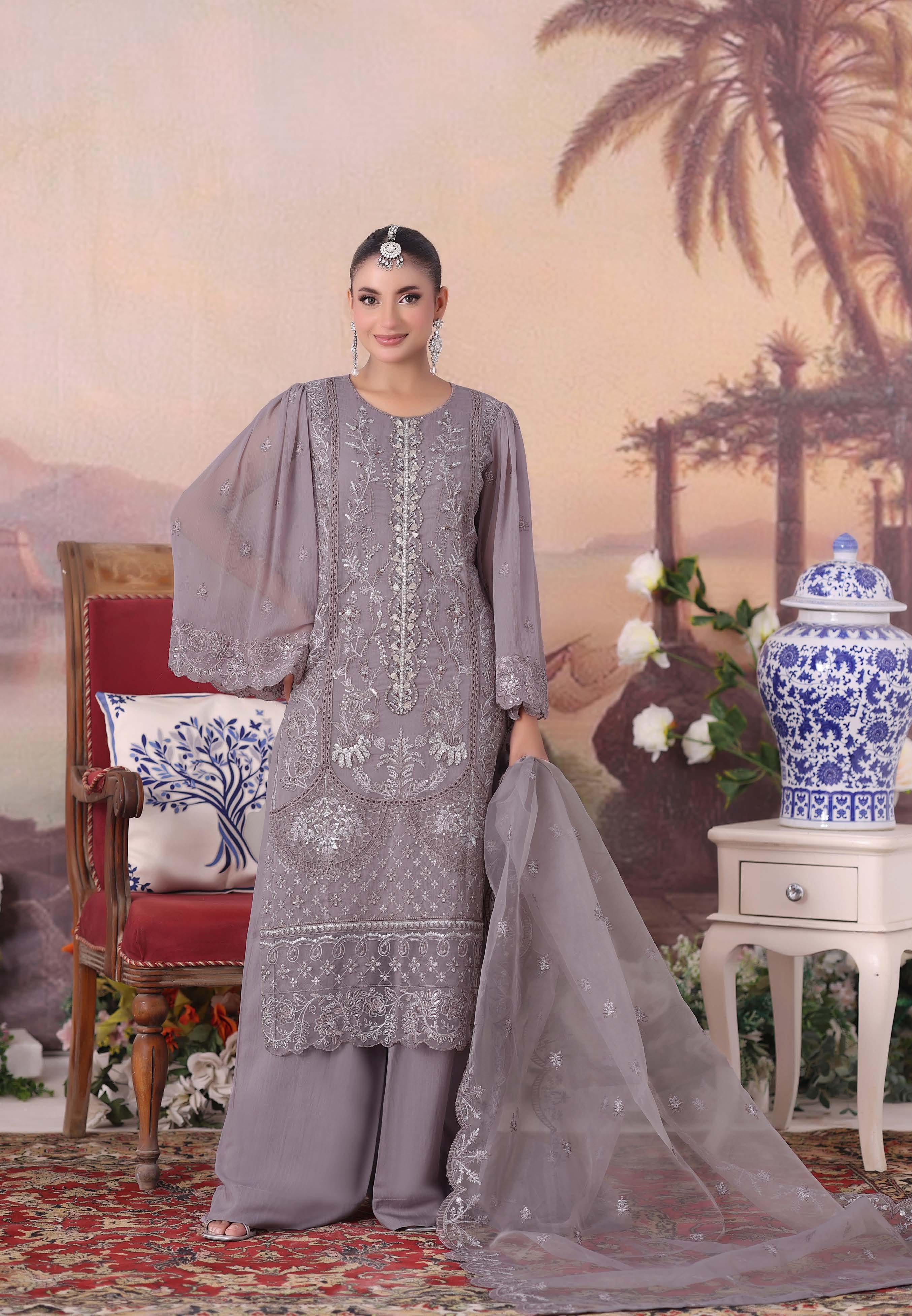 ZRP-7225 Luxury Premium Chiffon Embroidered | Unstitched Violet