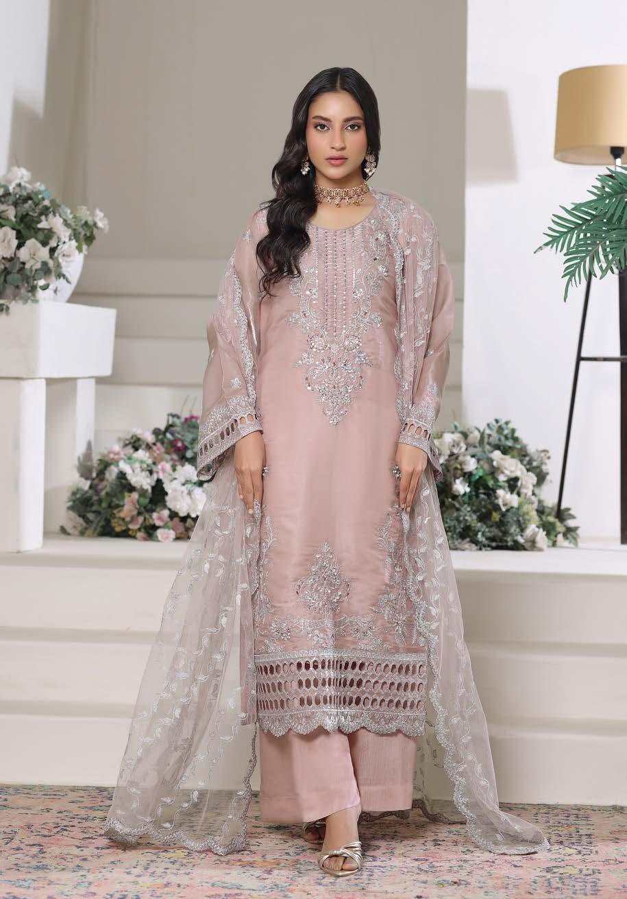 HSN-4335 Luxury Embroidered Silk Suit | 3 Piece Unstitched Pinkish Shell
