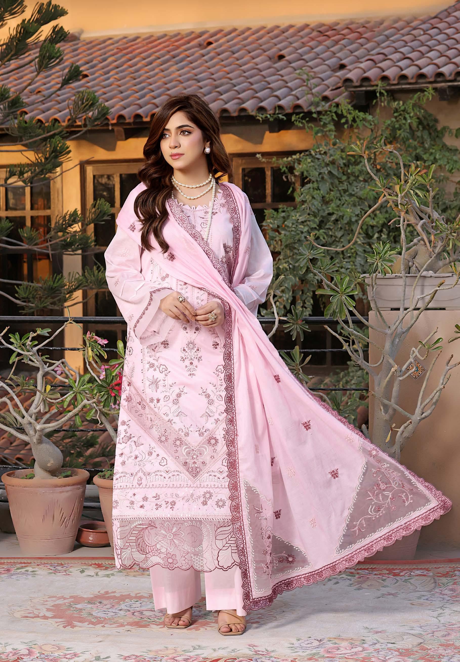 HN-3330 Luxury Embroidered Lawn Suit | 3 Piece Unstitched Carousel Pink