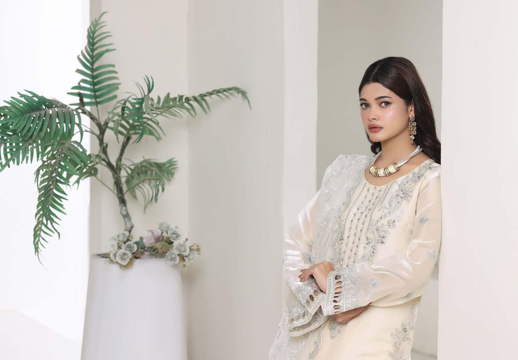 HSN-4336 Luxury Embroidered Silk Suit | 3 Piece Unstitched Cream Shell