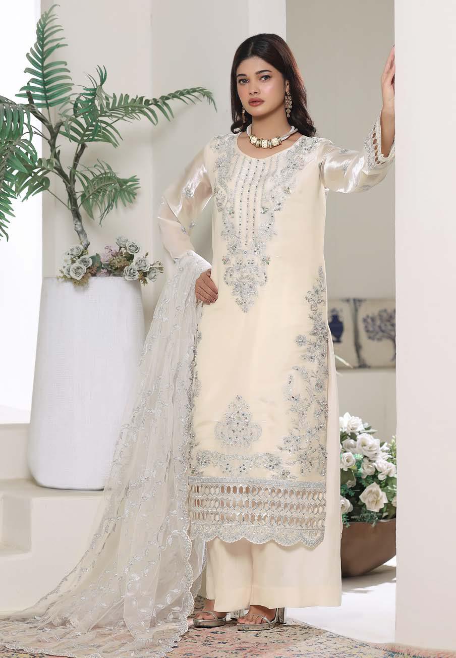 HSN-4336 Luxury Embroidered Silk Suit | 3 Piece Unstitched Cream Shell