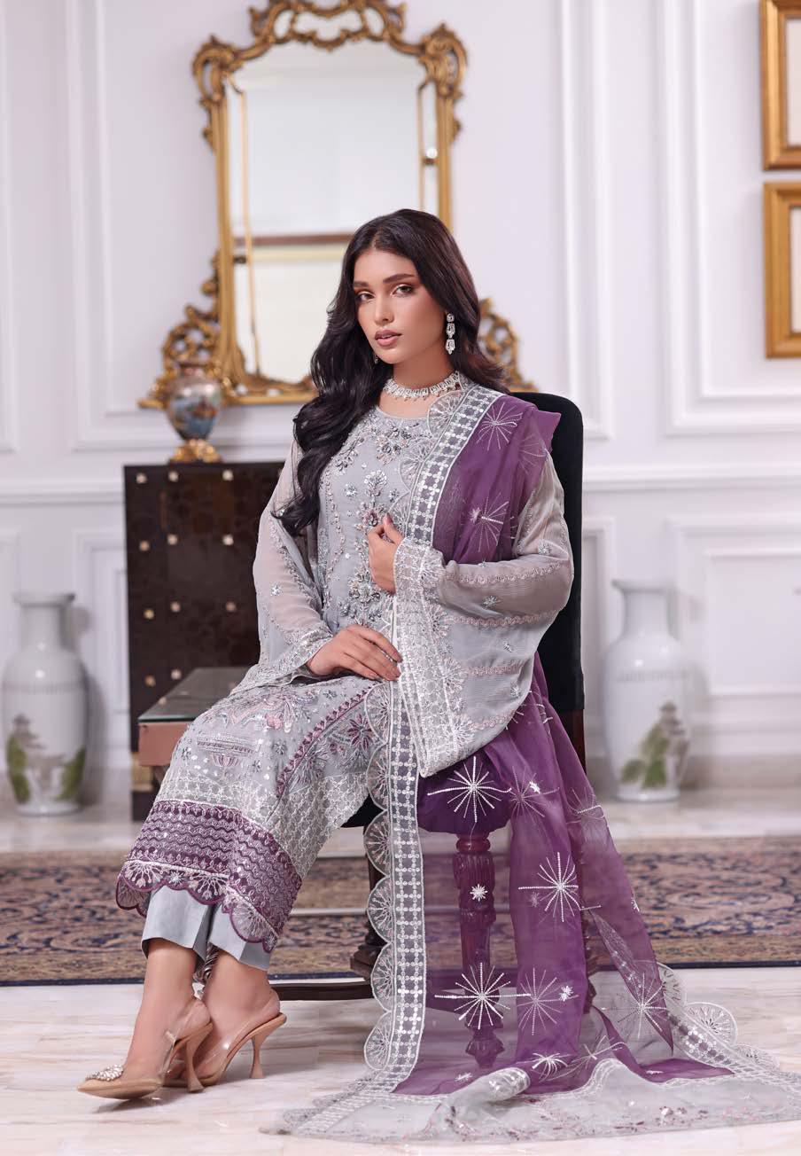 ANZ-2012 Exclusive Chiffon Embroidered Unstitched | French Grey