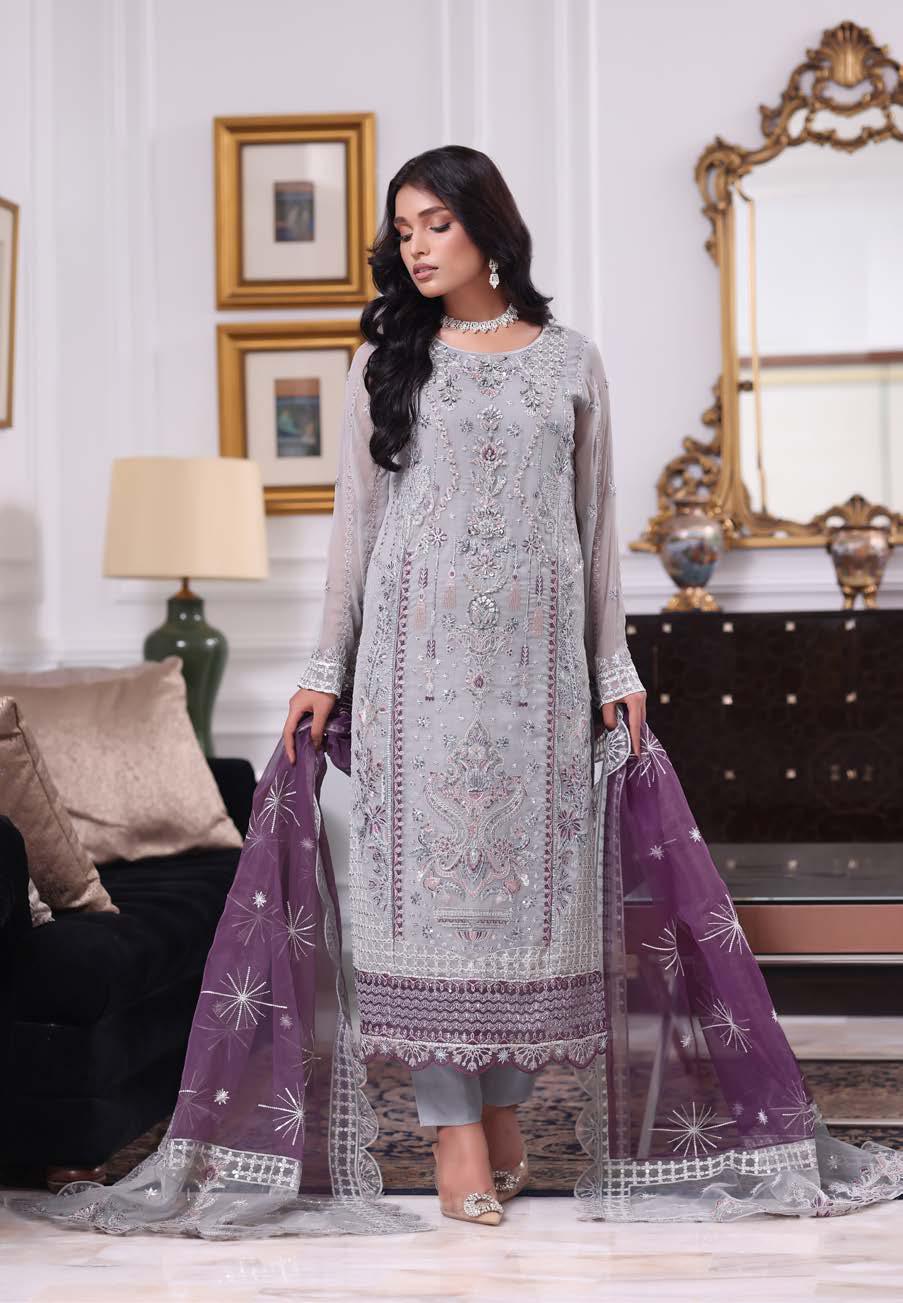 ANZ-2012 Exclusive Chiffon Embroidered Unstitched | French Grey