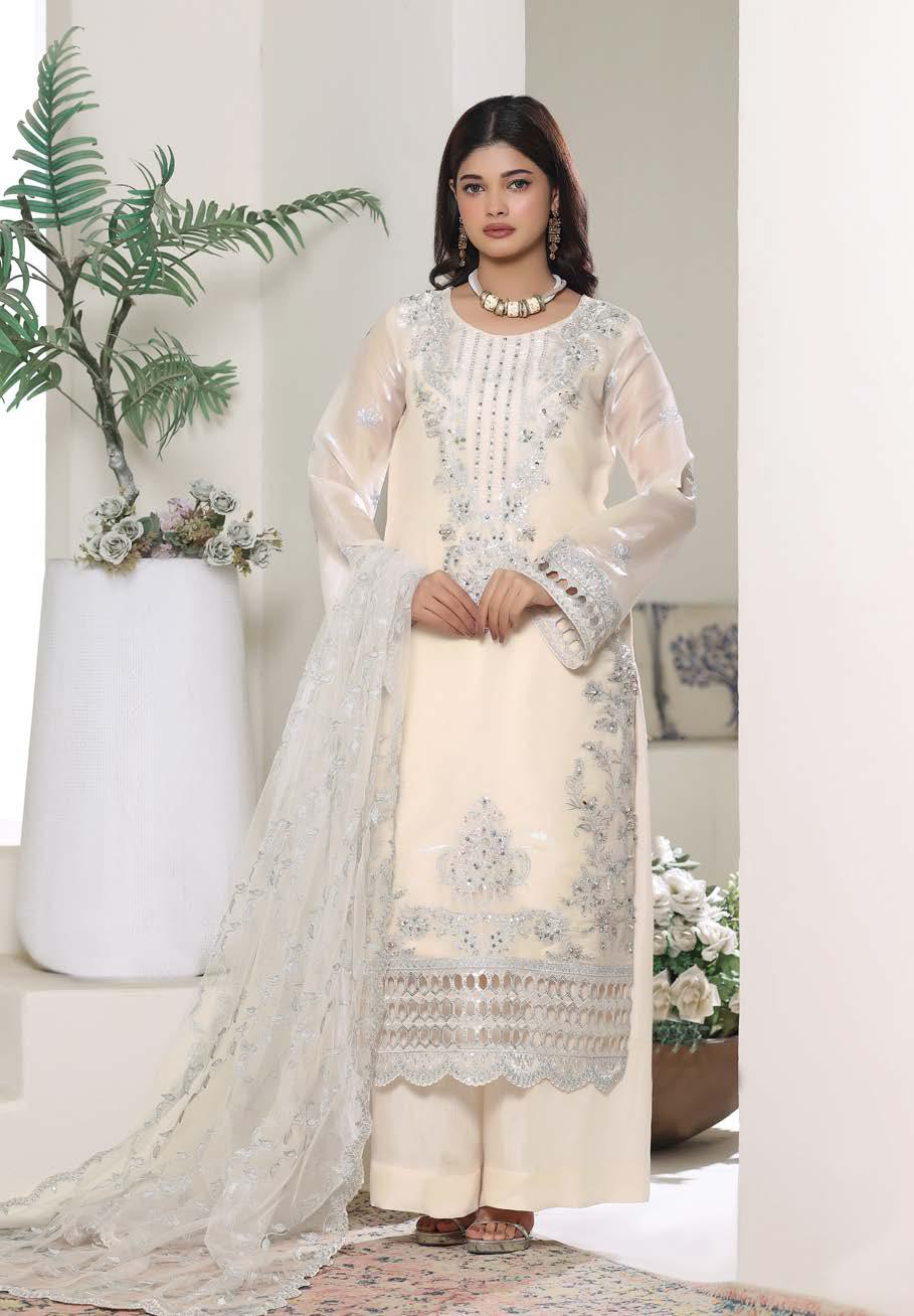 HSN-4336 Luxury Embroidered Silk Suit | 3 Piece Unstitched Cream Shell