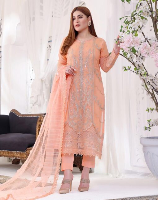 Sehra's Chiffon Embroidered | Unstitched Peach (𝟎𝟏 𝐥𝐞𝐟𝐭 𝐨𝐧𝐥𝐲)