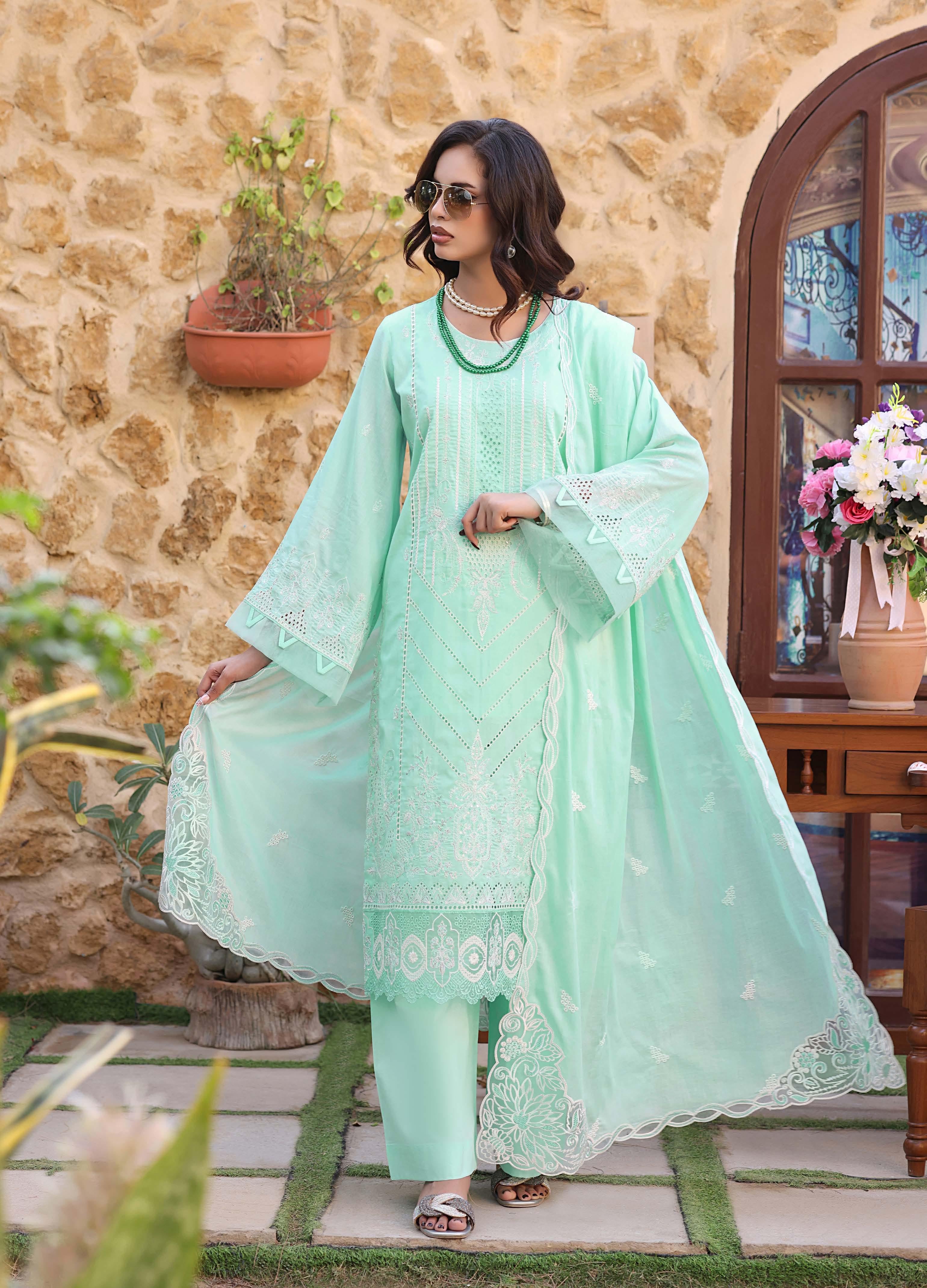 HN-3331 Luxury Embroidered Lawn Suit | 3 Piece Unstitched Ice Green