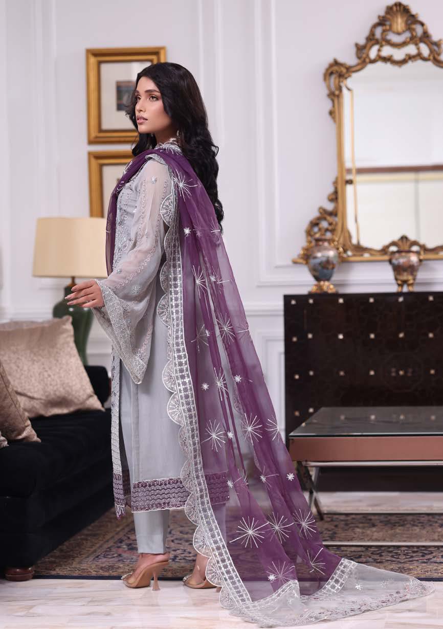 ANZ-2012 Exclusive Chiffon Embroidered Unstitched | French Grey