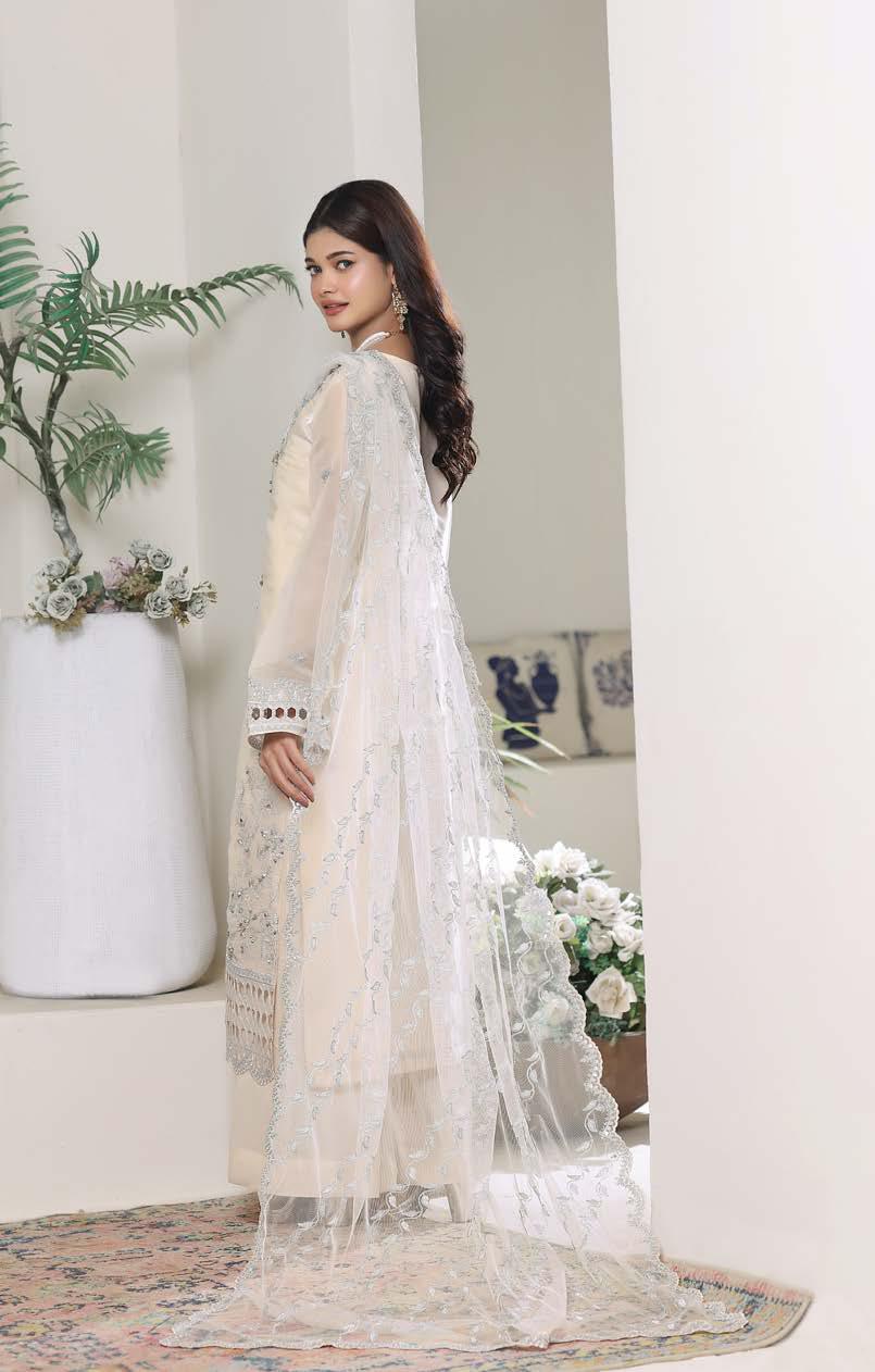 HSN-4336 Luxury Embroidered Silk Suit | 3 Piece Unstitched Cream Shell