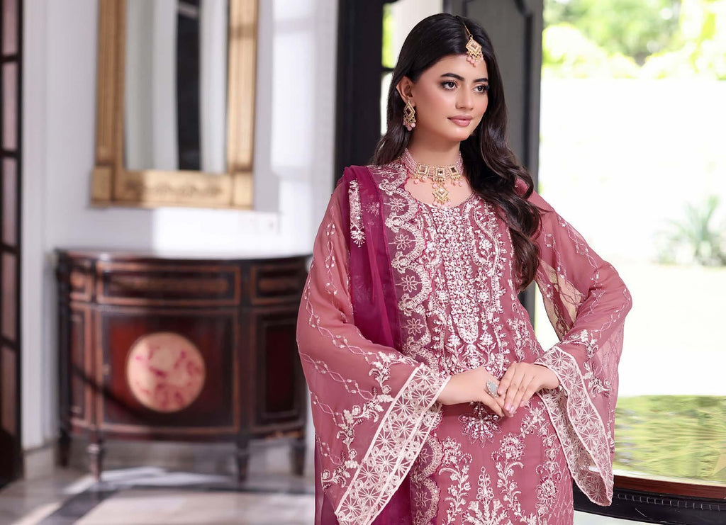 ANZ-2013 Exclusive Chiffon Embroidered | Unstitched Pink