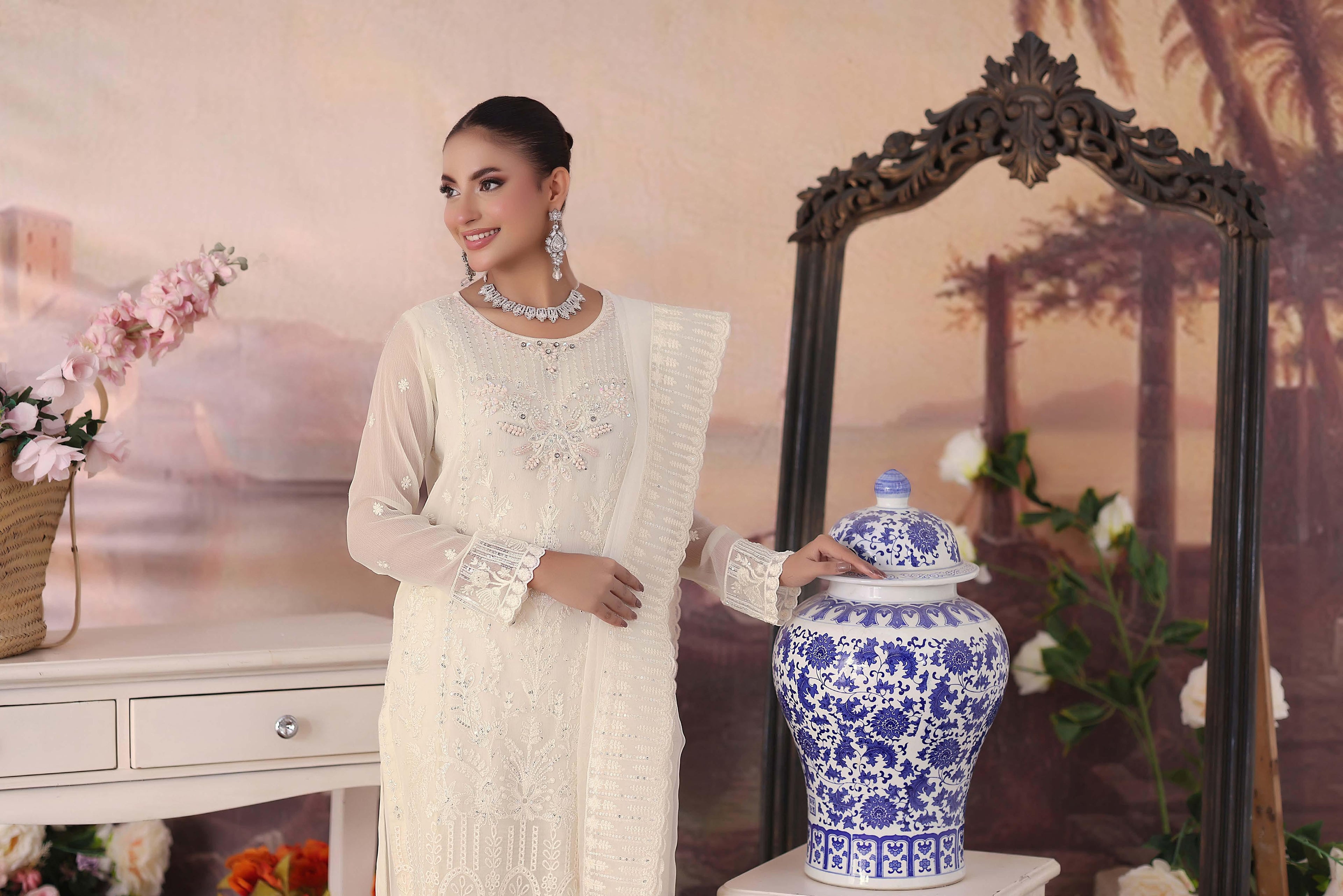 ZRP-7226 Luxury Premium Chiffon Embroidered | Unstitched Cream