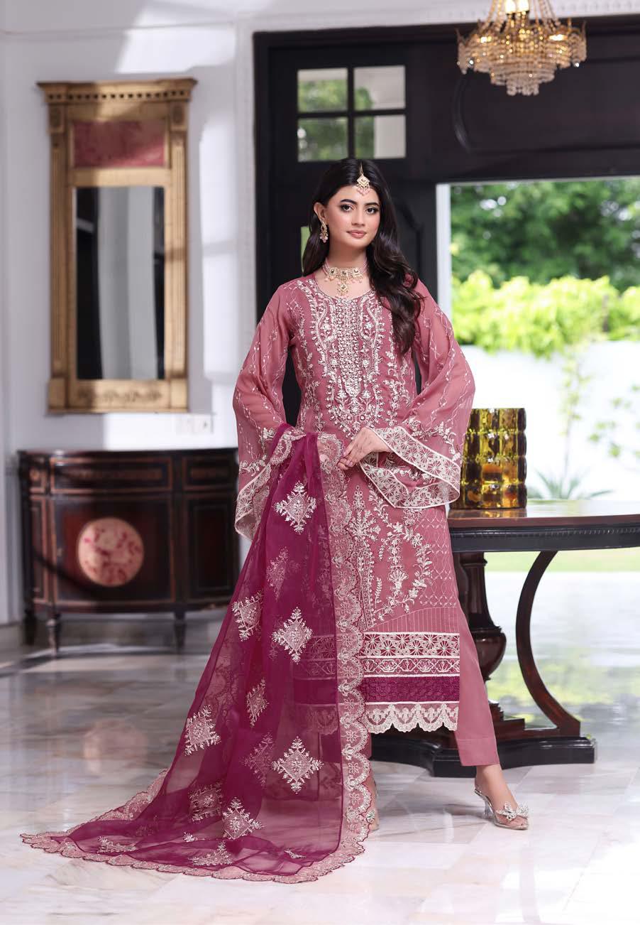 ANZ-2013 Exclusive Chiffon Embroidered | Unstitched Pink
