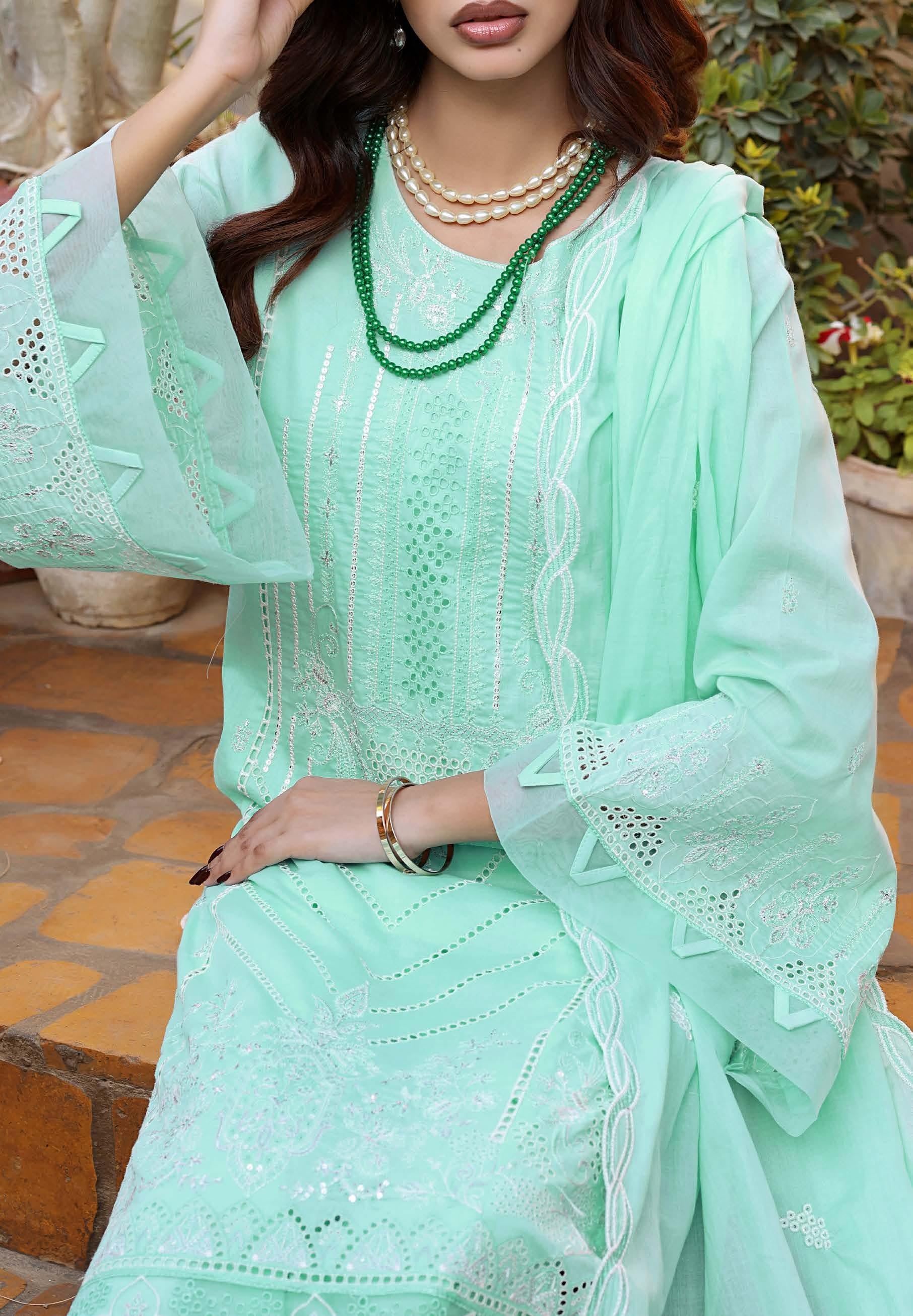 HN-3331 Luxury Embroidered Lawn Suit | 3 Piece Unstitched Ice Green
