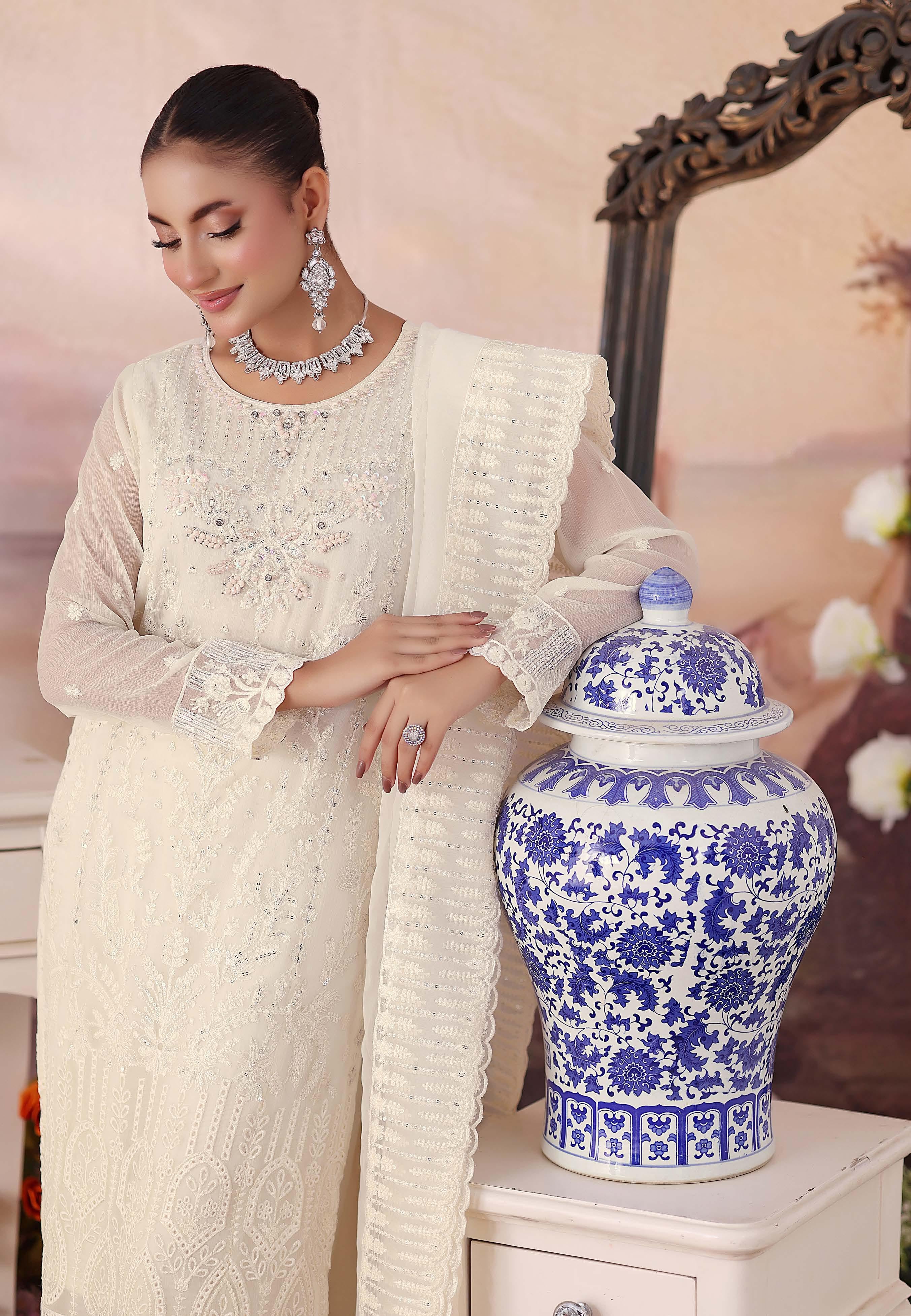 ZRP-7226 Luxury Premium Chiffon Embroidered | Unstitched Cream