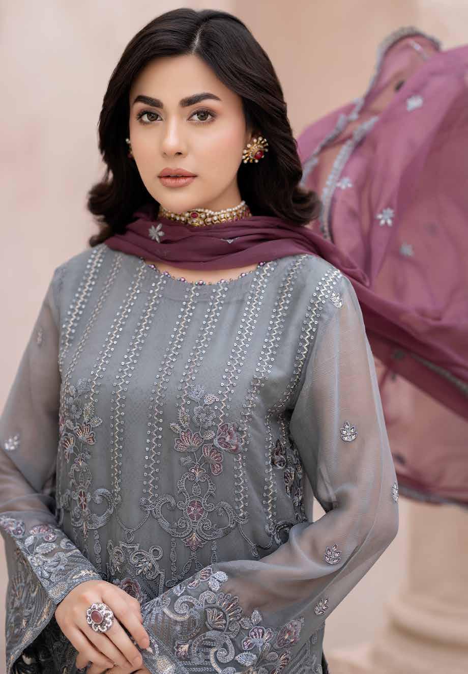 Maisa Luxury Chiffon | Unstitched Embroidered - Grey Majenta