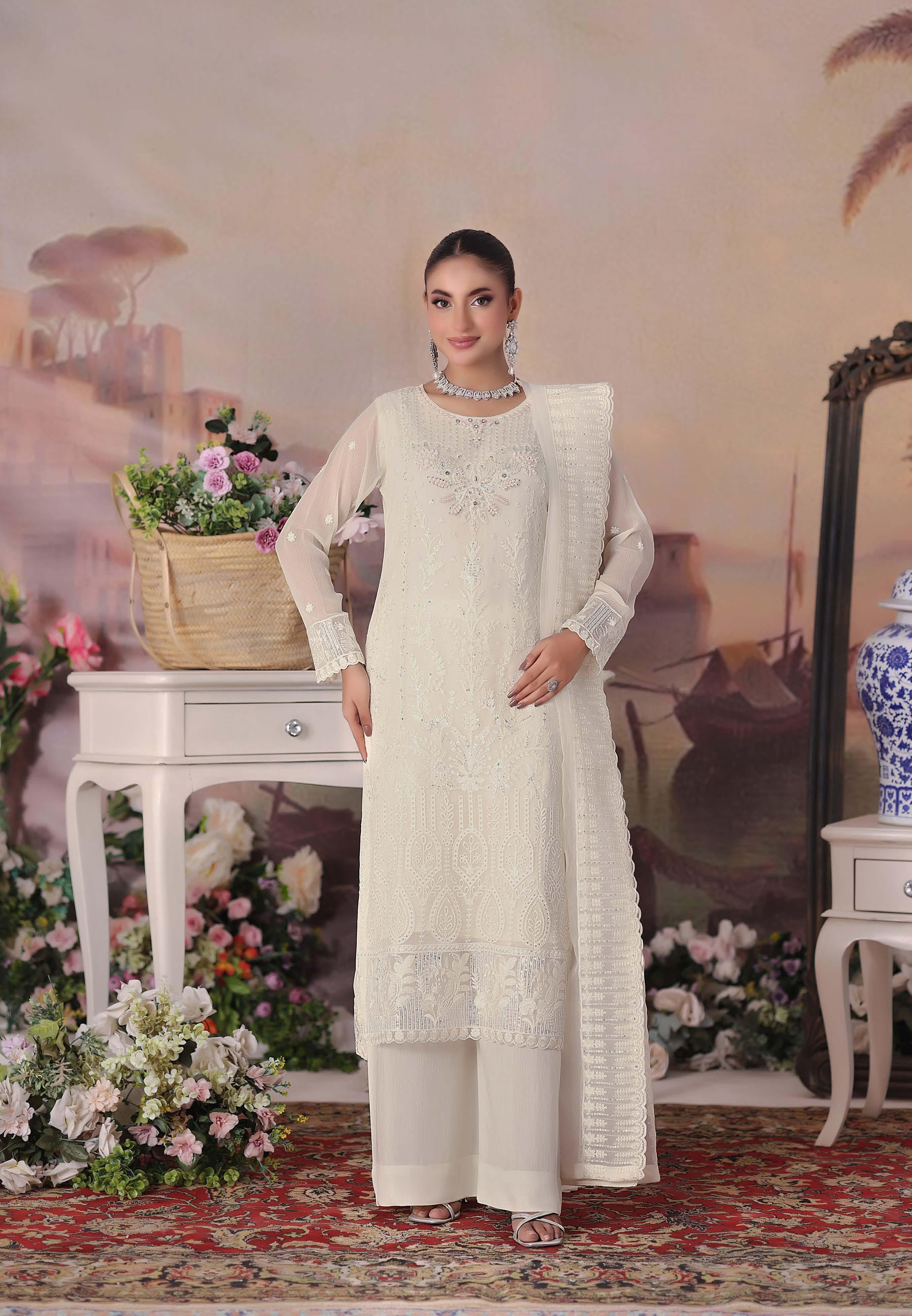 ZRP-7226 Luxury Premium Chiffon Embroidered | Unstitched Cream