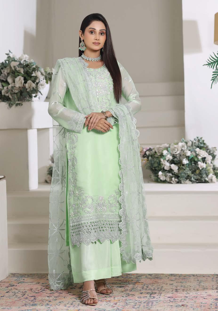 HSN-4336 Luxury Embroidered Silk Suit | 3 Piece Unstitched Pixie Green