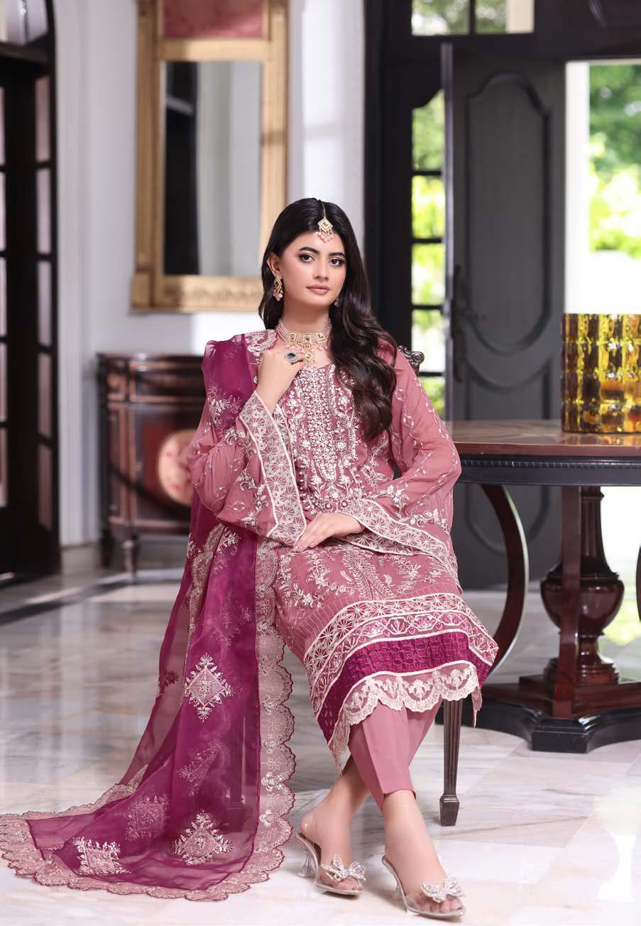 ANZ-2013 Exclusive Chiffon Embroidered | Unstitched Pink