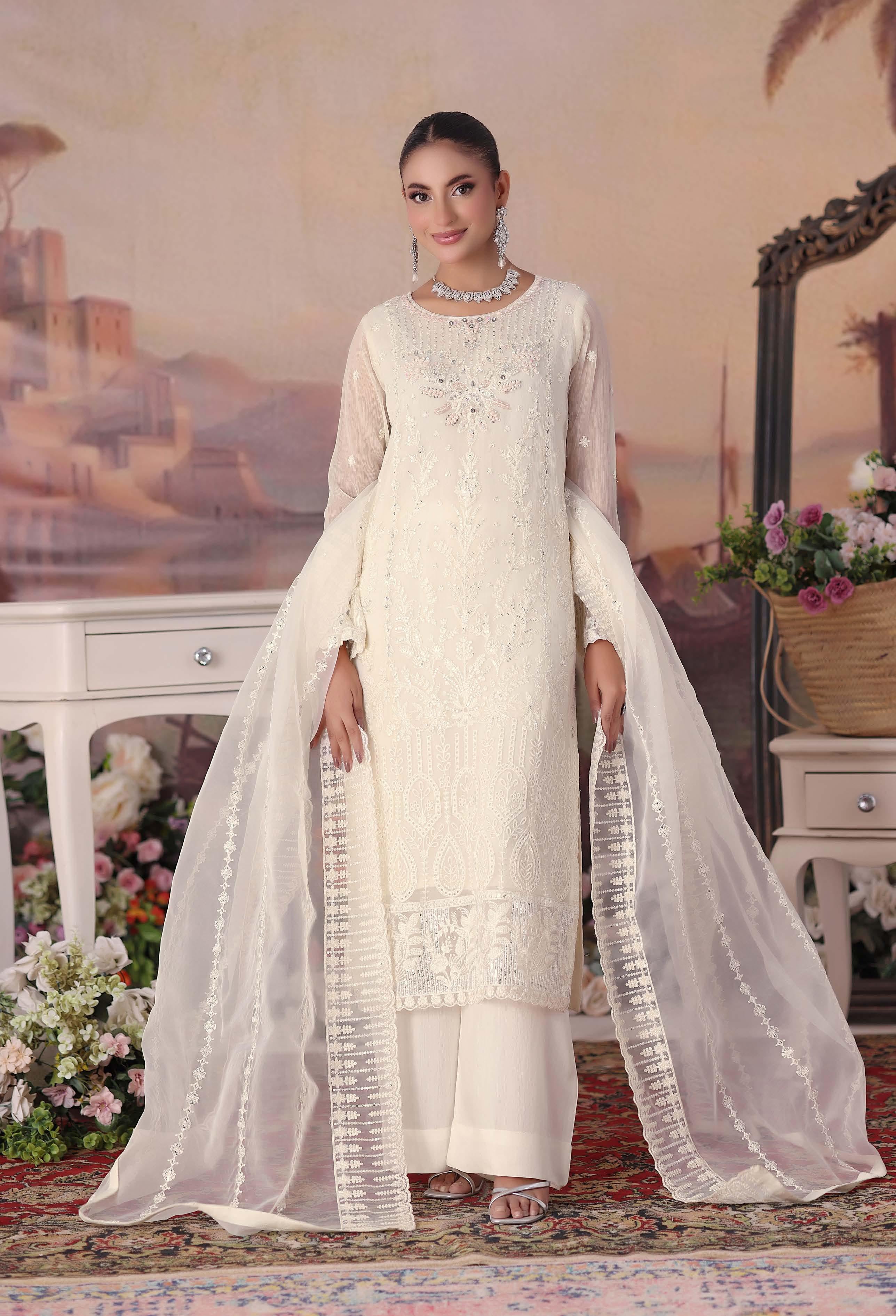 ZRP-7226 Luxury Premium Chiffon Embroidered | Unstitched Cream