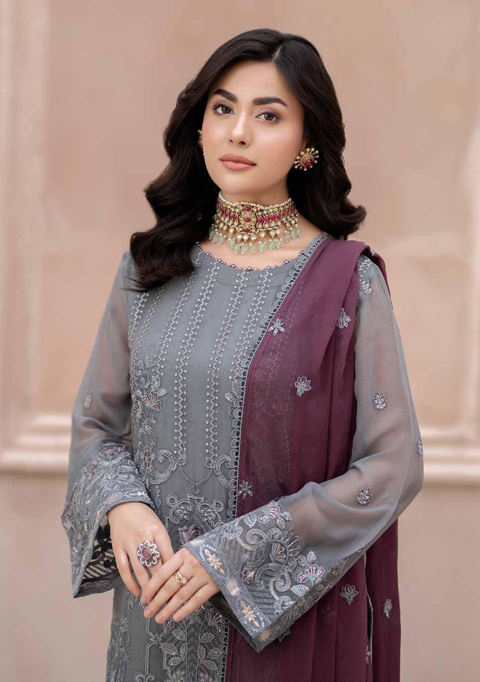 Maisa Luxury Chiffon | Unstitched Embroidered - Grey Majenta