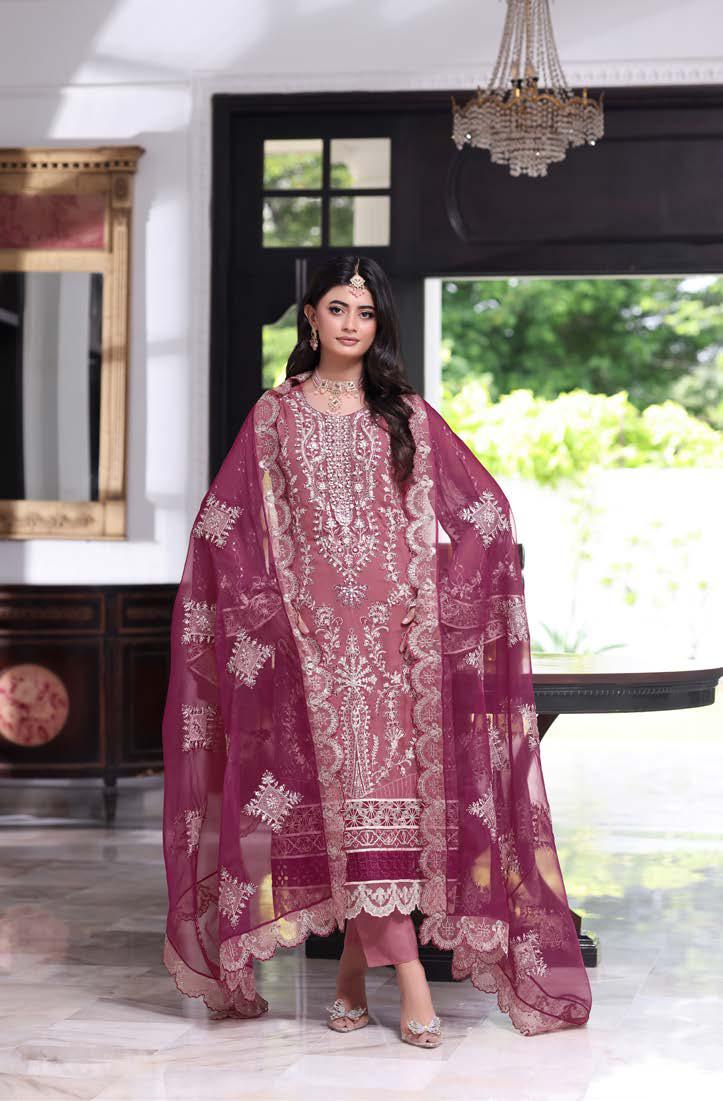ANZ-2013 Exclusive Chiffon Embroidered | Unstitched Pink