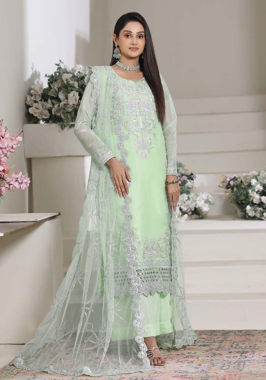HSN-4336 Luxury Embroidered Silk Suit | 3 Piece Unstitched Pixie Green