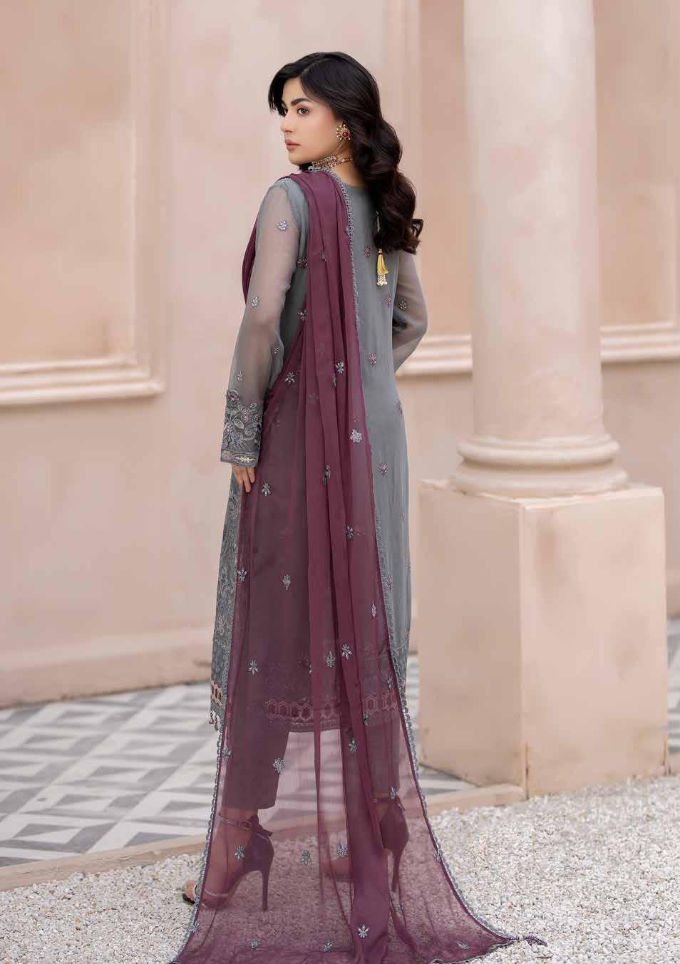 Maisa Luxury Chiffon | Unstitched Embroidered - Grey Majenta