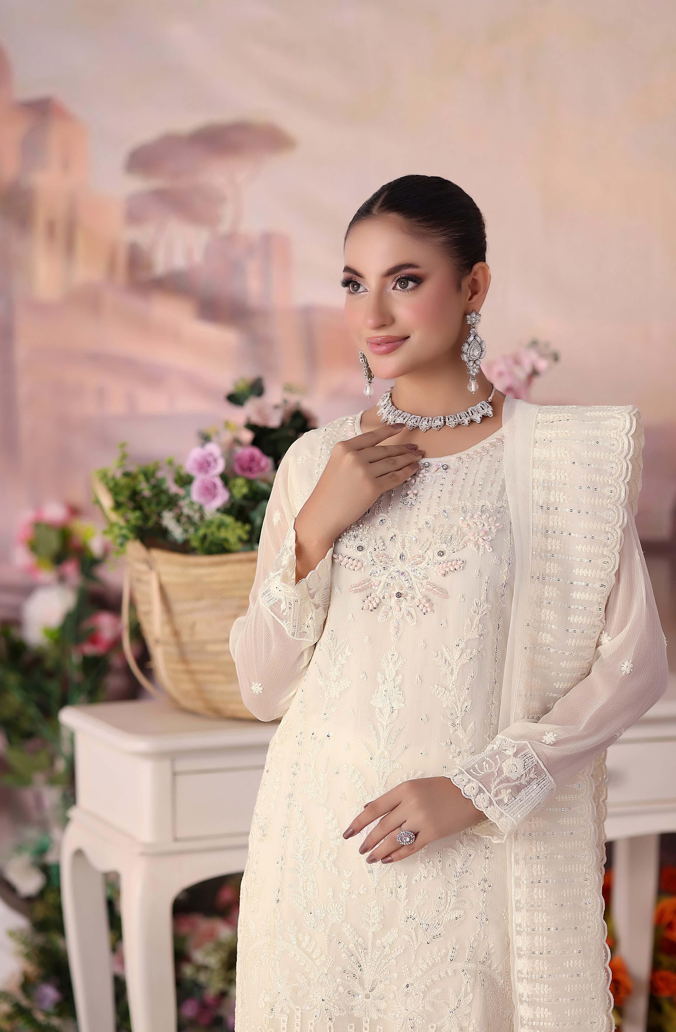 ZRP-7226 Luxury Premium Chiffon Embroidered | Unstitched Cream