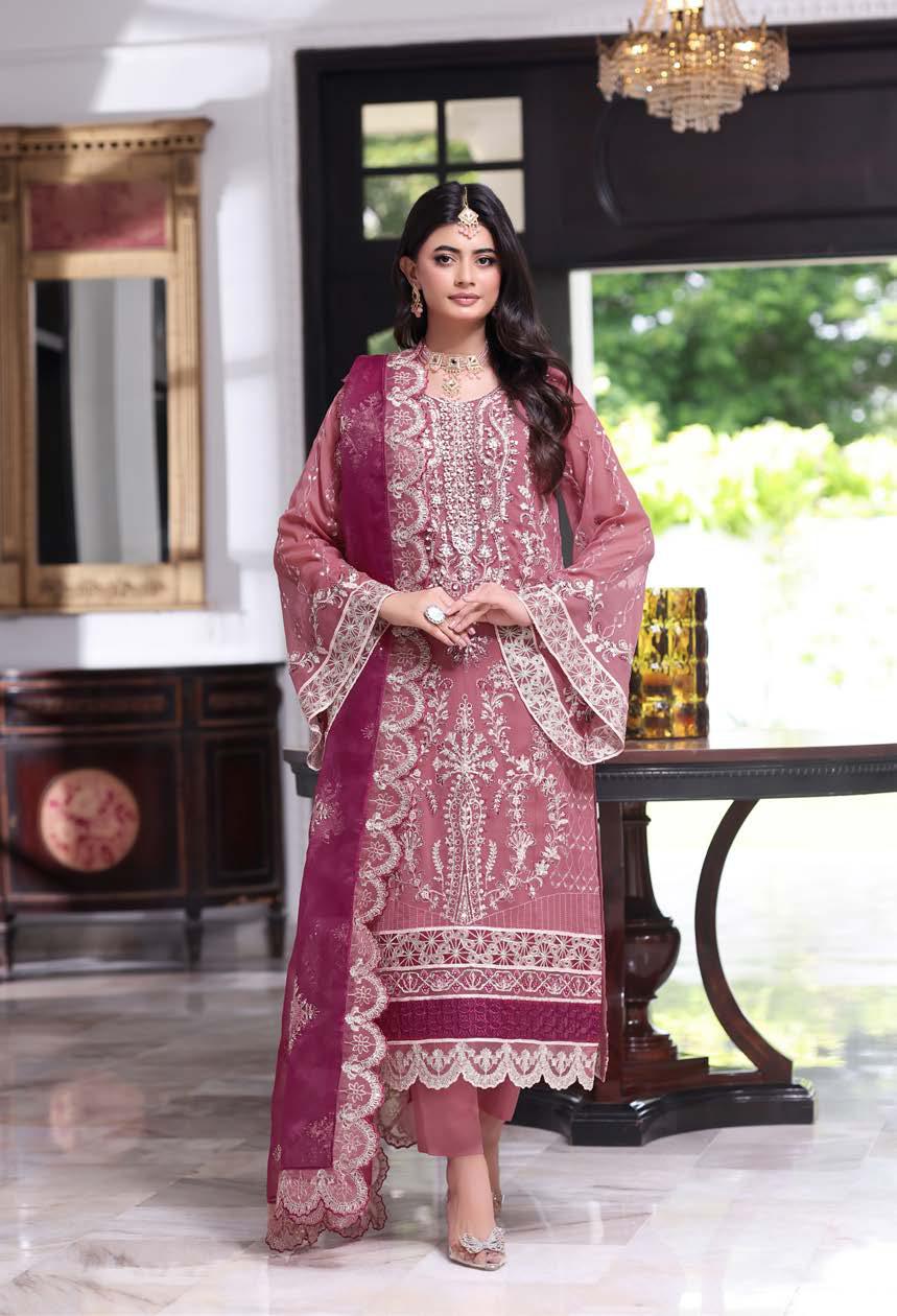 ANZ-2013 Exclusive Chiffon Embroidered | Unstitched Pink